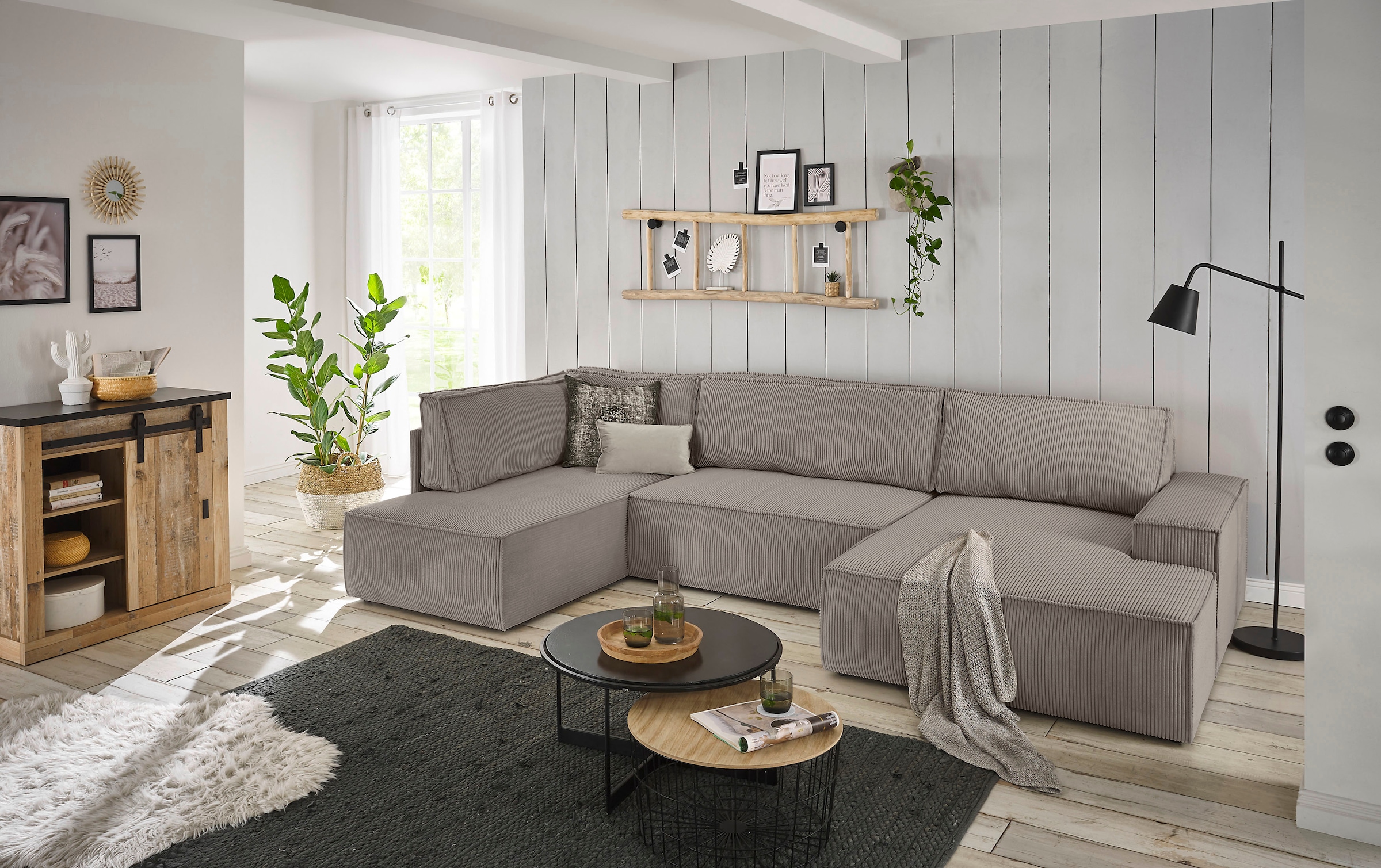 Home affaire Wohnlandschaft »SHERWOOD  329 cm, U-Form, Schlafsofa,« Schlaffunktion m. Bettkasten (194x139 cm), Cord, Vintage, Samtvelours