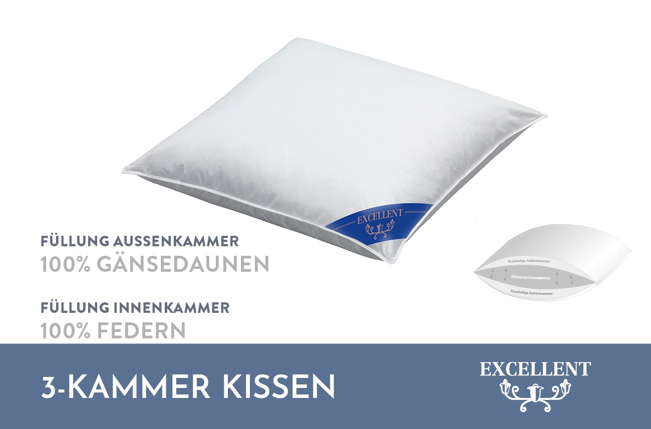 Excellent 3-Kammer-Kopfkissen »Venedig Kissen erhältlich im Einzel- oder Doppelpack!«, Füllung: 60% Daunen Aussenkammer, Bezug: 100% Baumwolle, hergestellt in Deutschland, allergikerfreundlich.