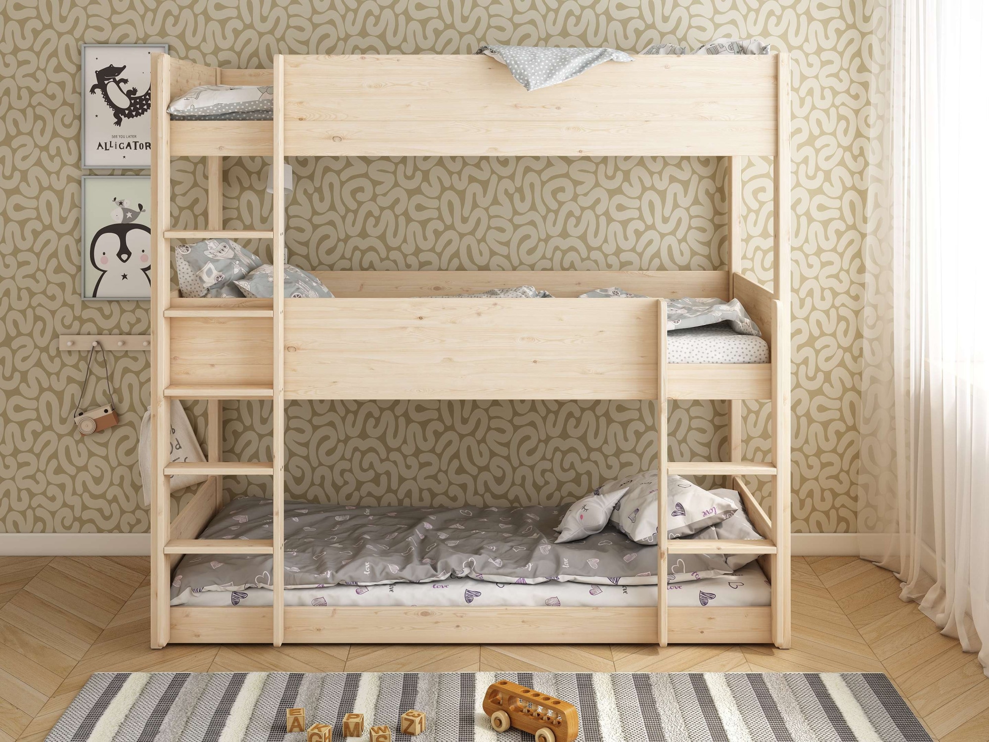 Lüttenhütt Etagenbett »TIPO BESTSELLER! Stockbett, Hochbett, Bodenbett, platzsparend«, (Leitern beidseitig montierbar), mit 3 Schlafplätzen, FSC® zertifiziertes Massivholz (Kiefer)