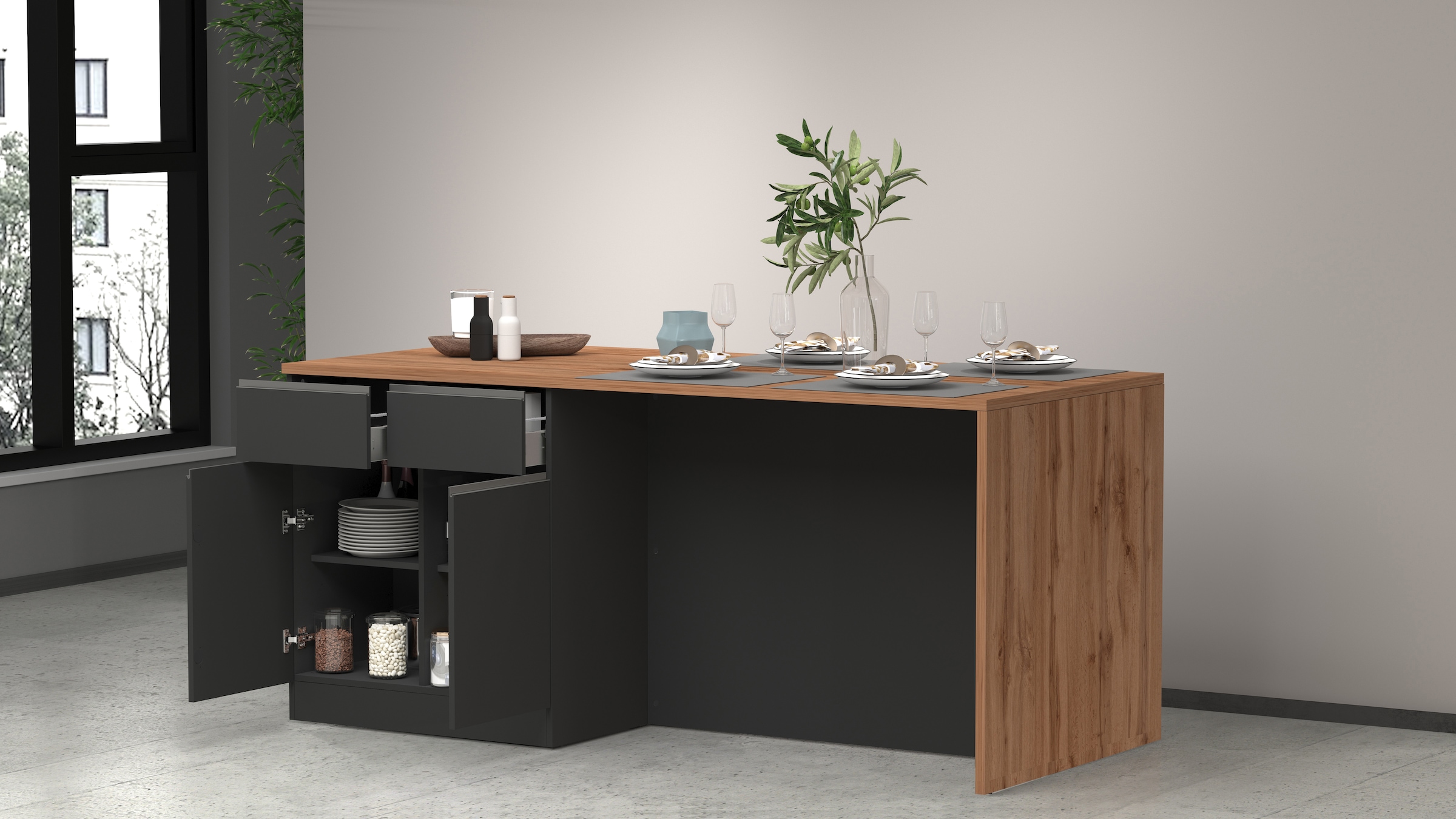 KOCHSTATION Ilot de cuisine »Sole,Kochinsel,Küchenarbeitsblock,Inselküche,Arbeitsinsel« Breite 200 cm mit 4 Türen,4 Schubkästen, Aluminiumgriff