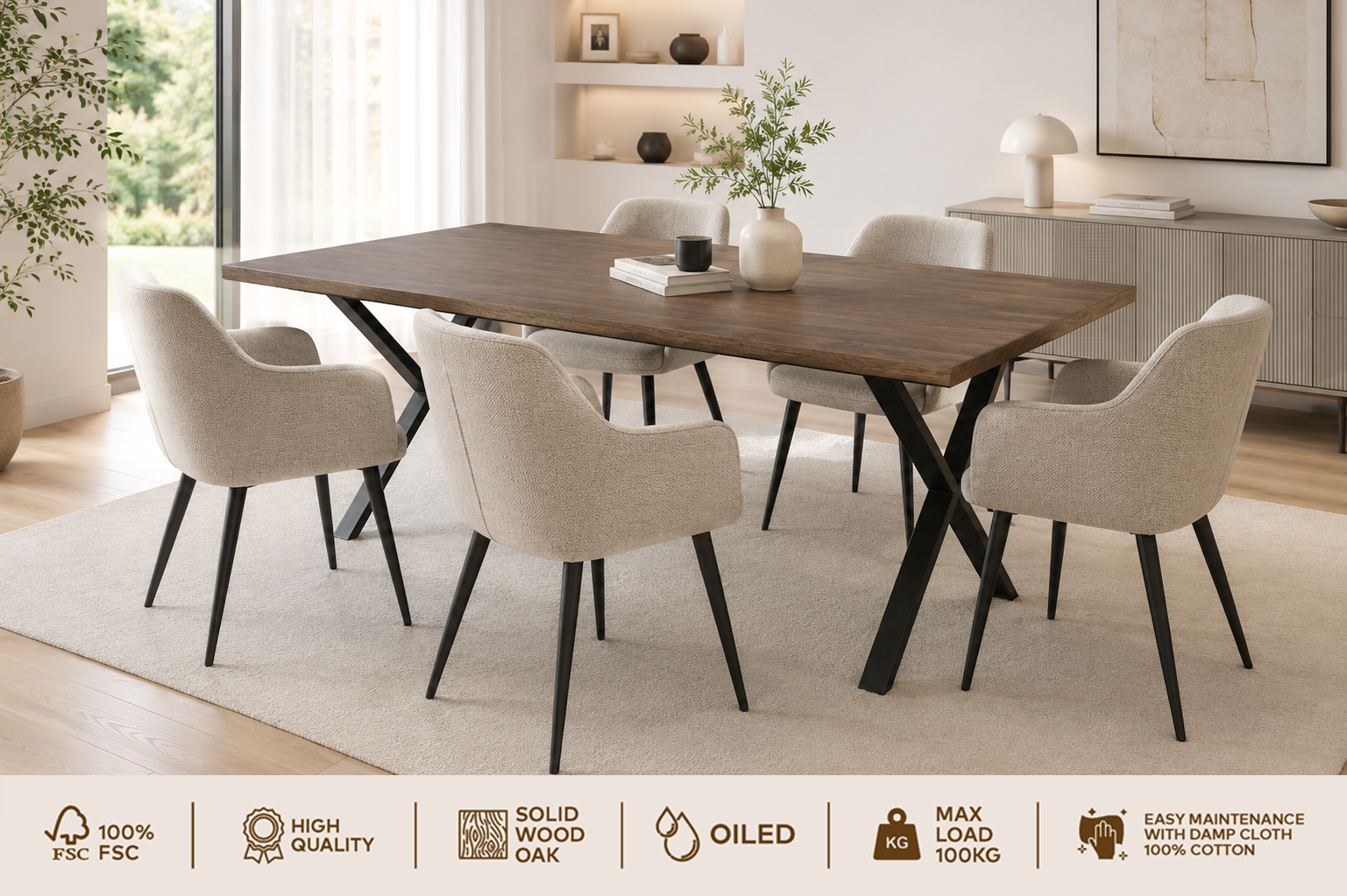 GOODproduct Esstisch »»NARVIK« Speisetisch, Küchentisch, Wohntisch, Esszimmertisch« Wildeiche geölt Natur/Smoke, Baumkante, X-Gestell schwarz Metall