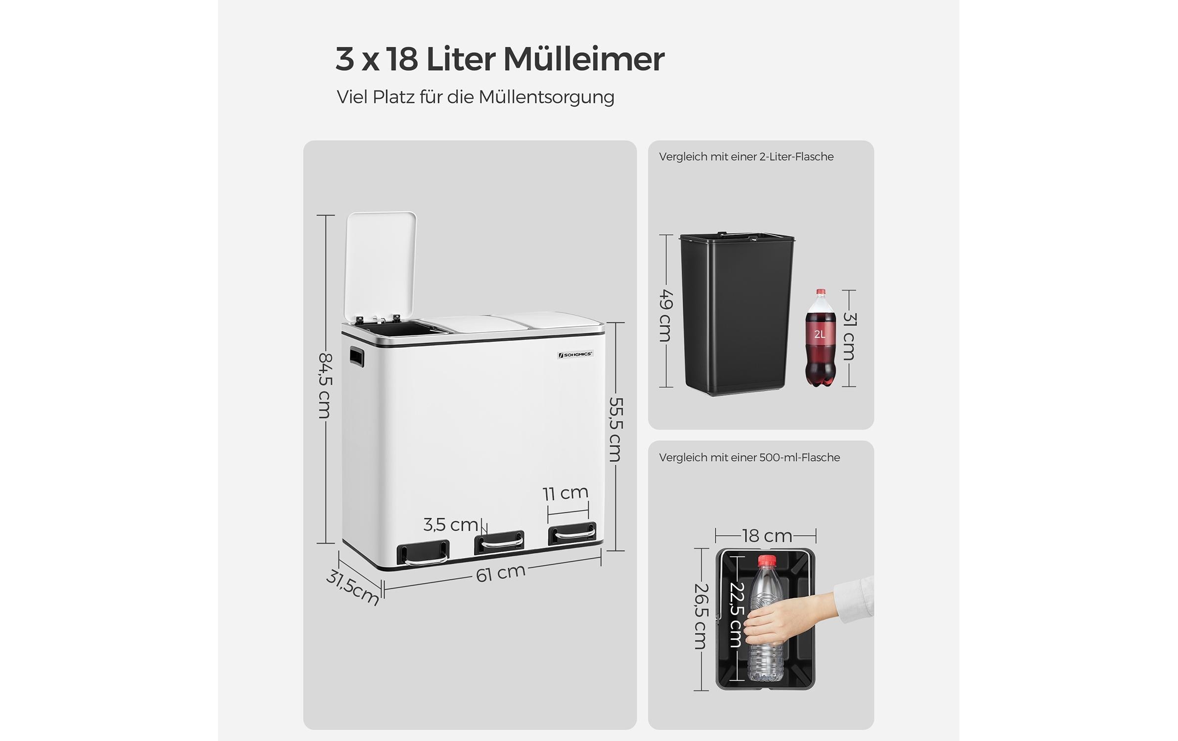 SONGMICS Mülleimer »3 x 18 l«, 3 Behälter