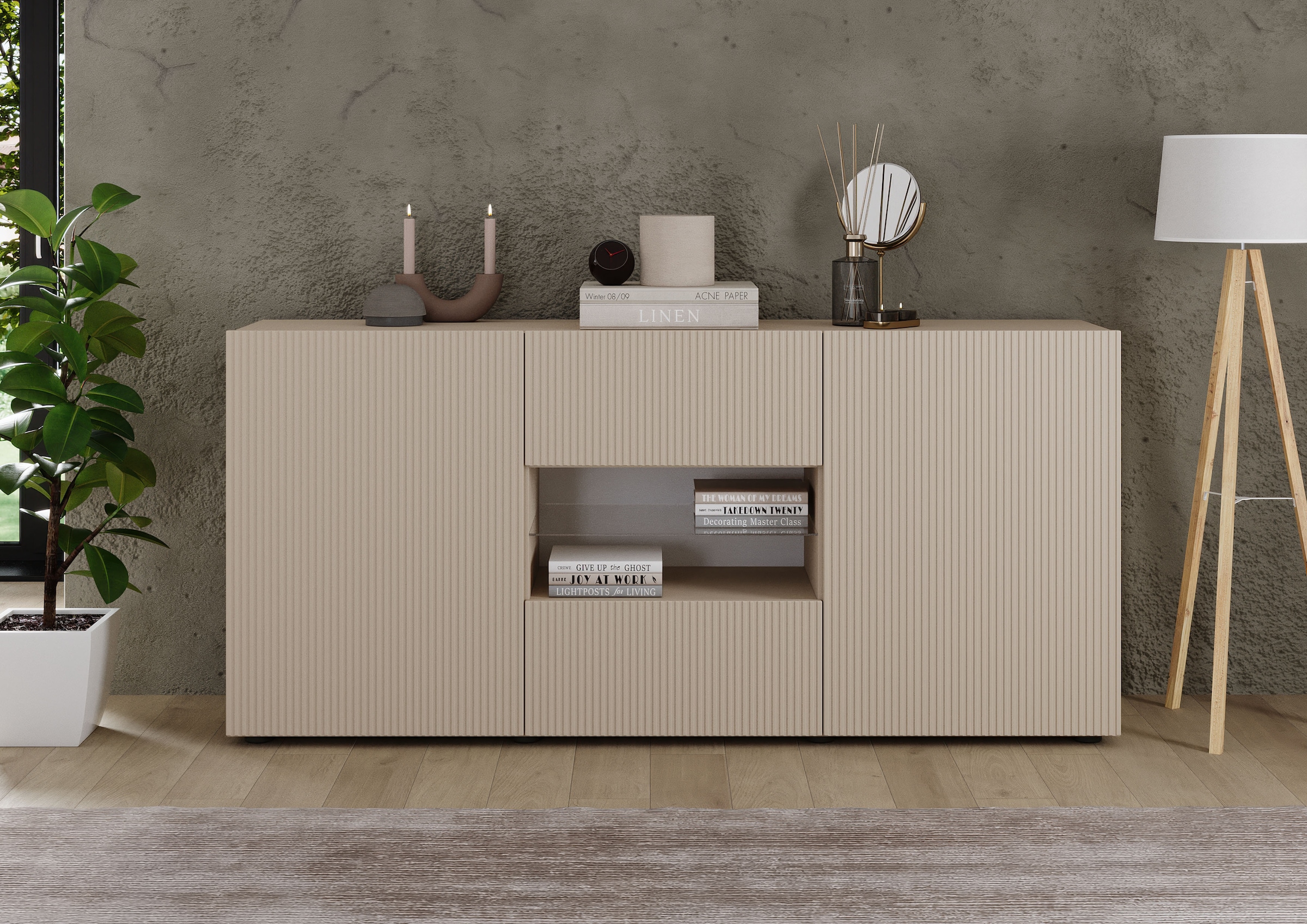 Image of Home affaire Sideboard "Rio Breite 181 cm, Kommode mit 2 Türen u. 2 Schubkästen," geriffelte MDF-Fronten, modern u. elegant, viel Stauraum