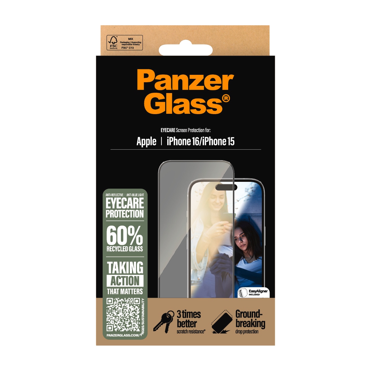 PanzerGlass Displayschutzglas »EyeCare Screen Protection«, für Apple iPhone 16-Apple iPhone 15, Displayschutzfolie, Schutzfolie, Bildschirmschutz, kratz- & stossfest