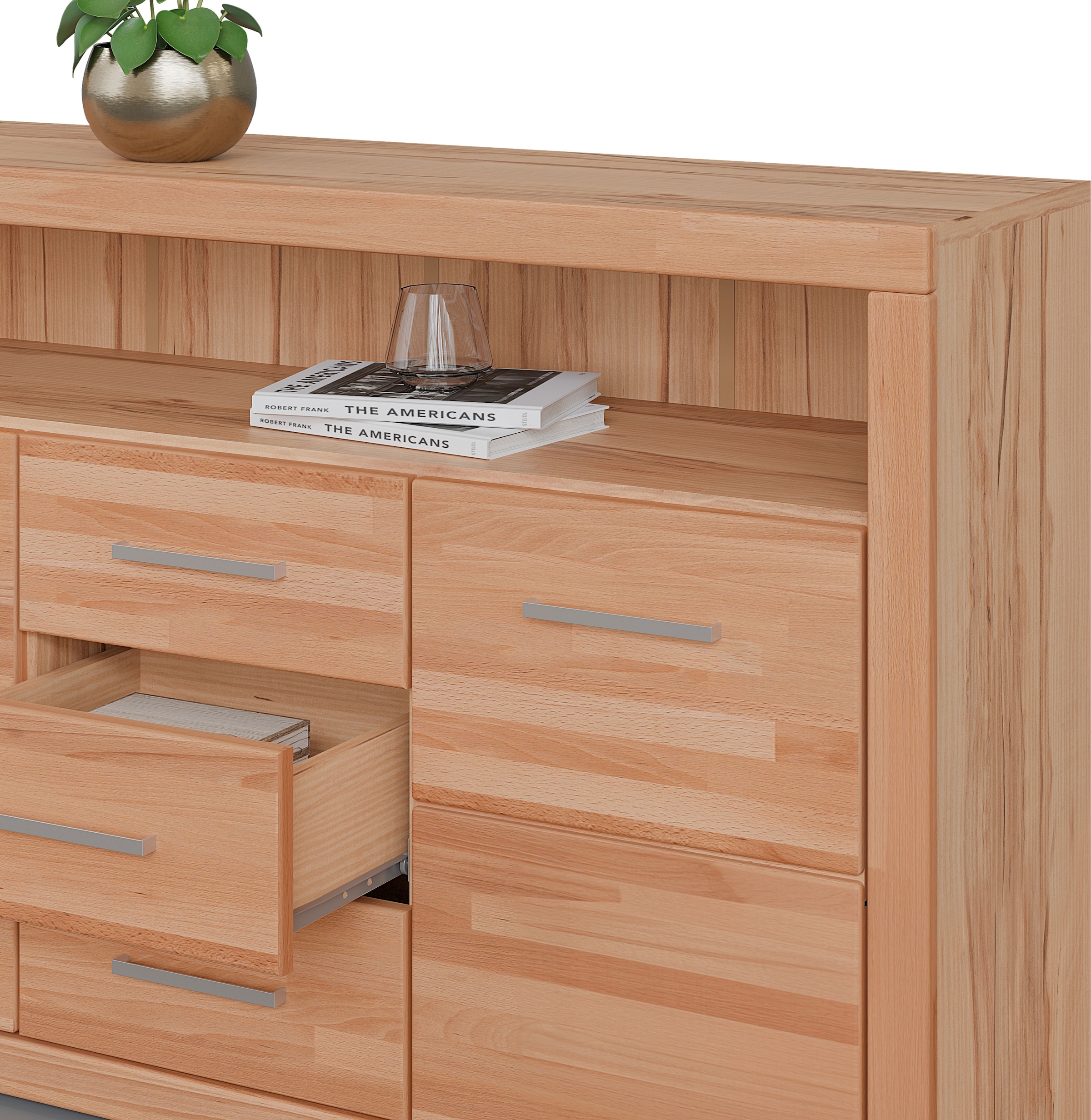 GOODproduct Sideboard »Ribe,130cm breit,80cm hoch,Oberplatte Holz massiv,6 Fächer« Holz massiv, Holzwerkstoff, Metall Griffe,2 Türen,3 Schubladen