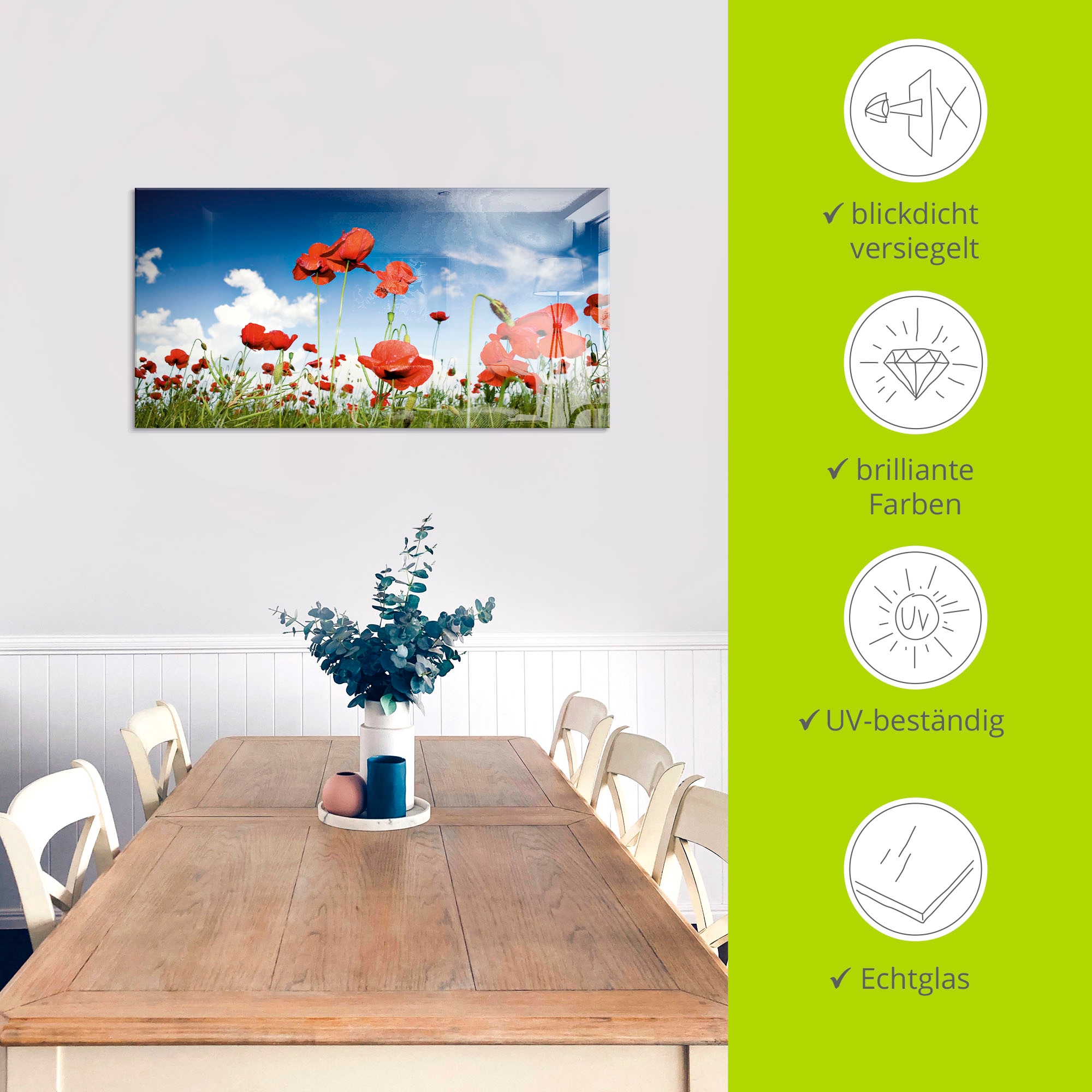 Artland Glasbild »Feld mit Mohnblumen unter Himmel« Blumenwiese 1 Stk. tlg. in verschiedenen Grössen