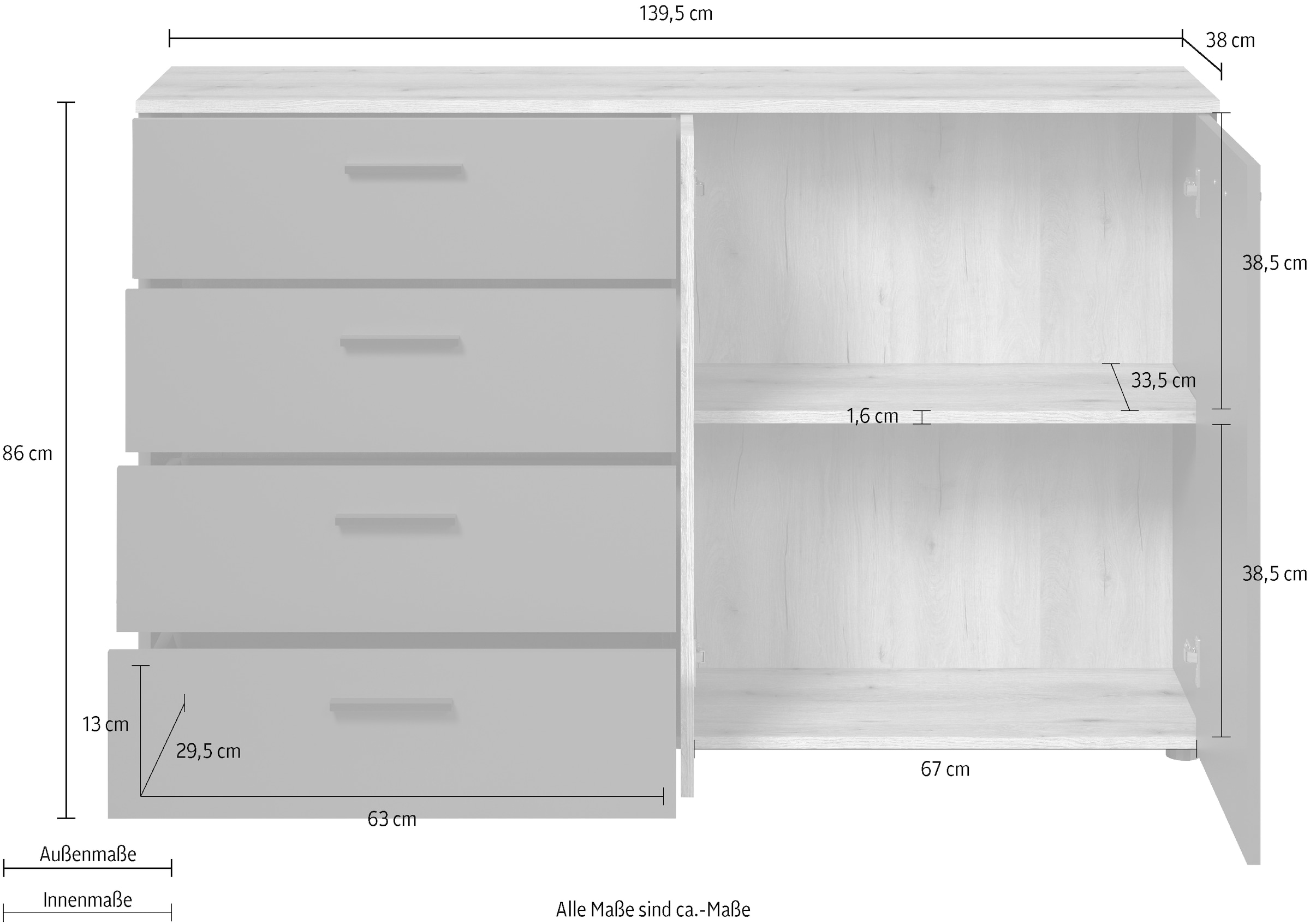 INOSIGN Kommode »Estepona«, (1 St.), Sideboard mit voll ausziehbaren Schubladen - (B/T/H) 139/38/86 cm