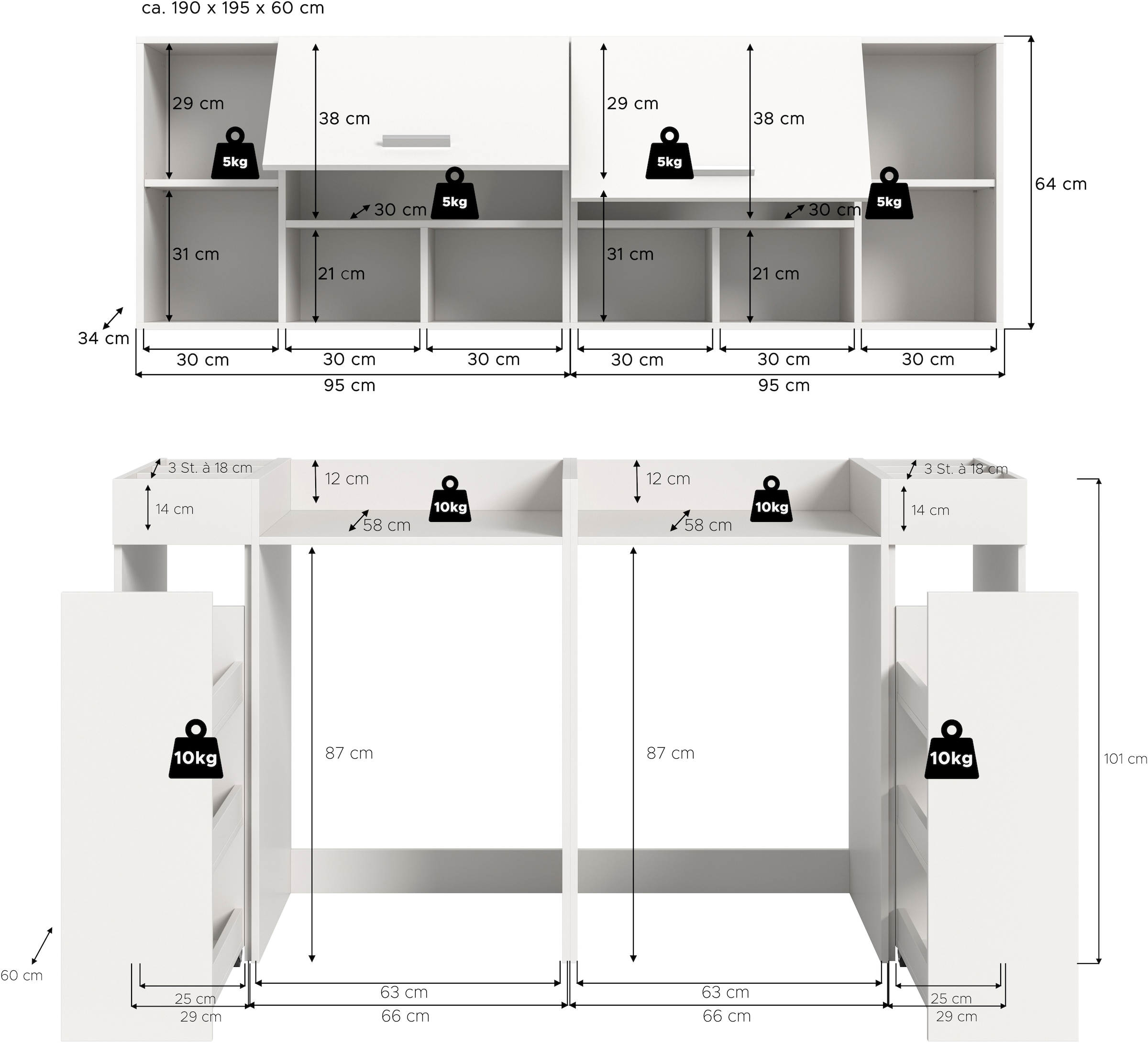 welltime Badmöbel-Set »FALAS,  6-teilig, Hauswirtschaftsraum Set, Breite 190 cm« Set, 2x Waschmaschinenumbauschrank, 2x Standregal & 2x Hängeschrank, 6 Stk. tlg.