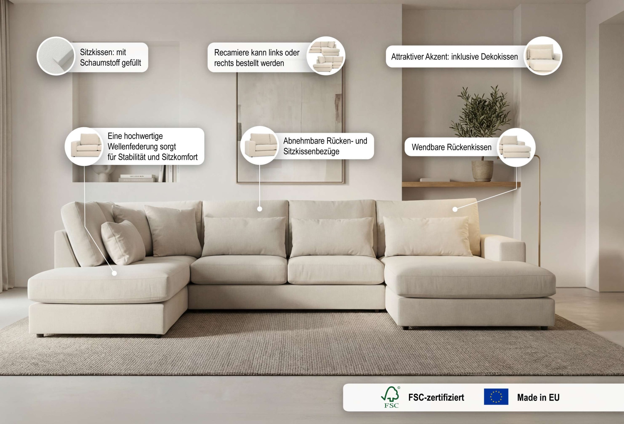 GOODproduct Wohnlandschaft »Nivette, weiches Chenille« Breite 386 cm, U-Form, bodentief, 6 Zierkissen inkl.