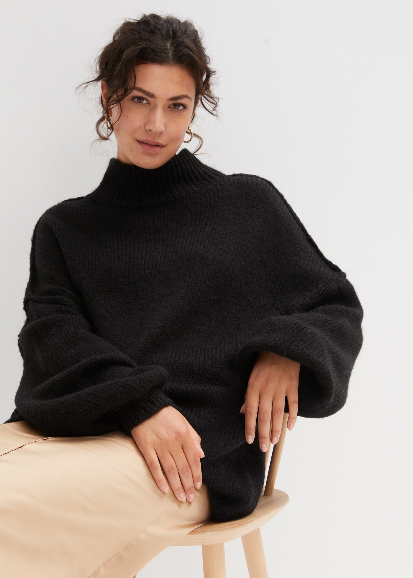 Image of bonprix Strickpullover "Grobstrick-Pullover" mit Wollanteil, mit Stehkragen, oversized, markante Nähte