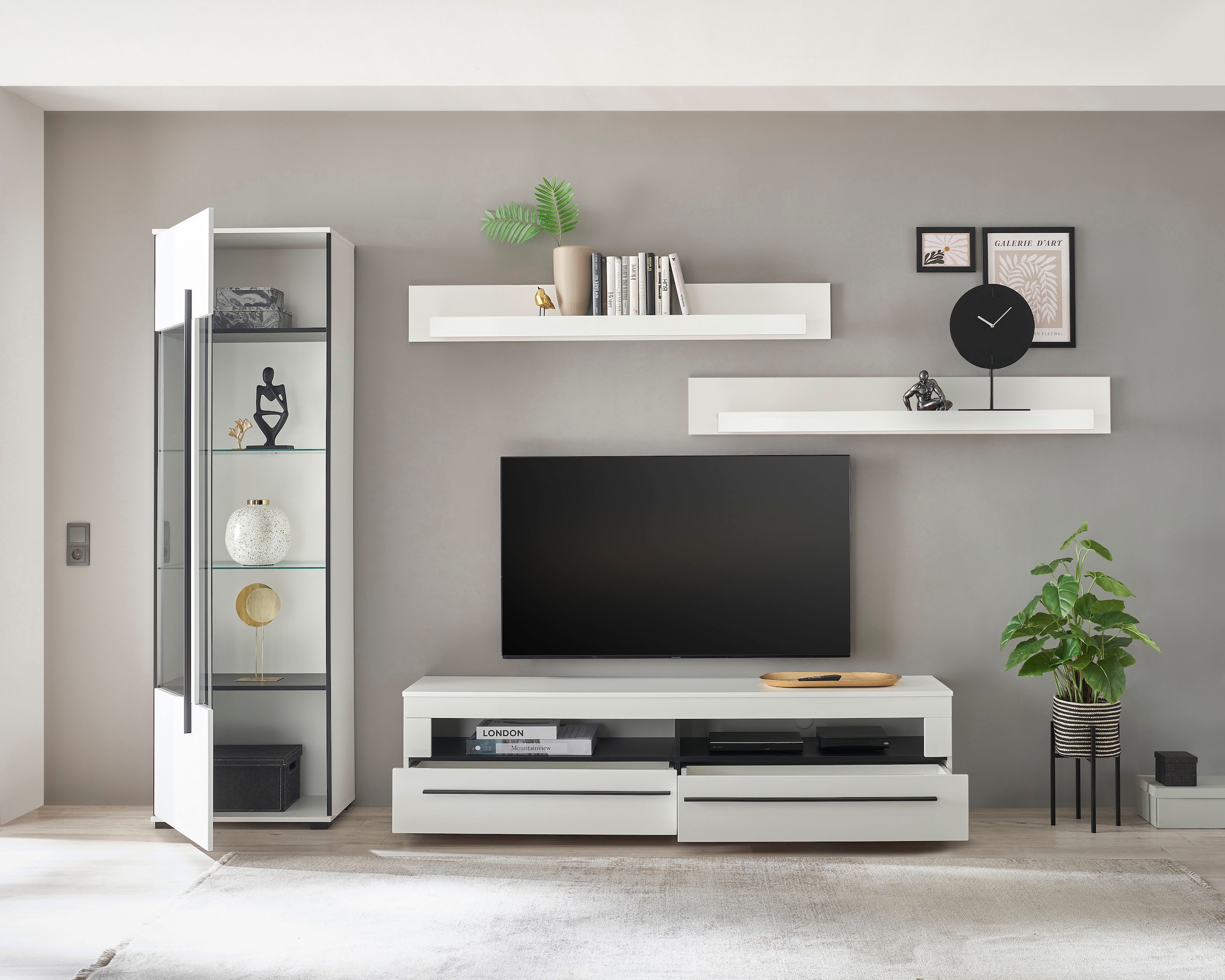 INOSIGN Wohnwand »Cantara, moderne Anbauwand, Wohnzimmer-Set, in Eiche Evoke oder Weiss«, (Set), enthält eine Vitrine, ein Lowboard und zwei Wandboards