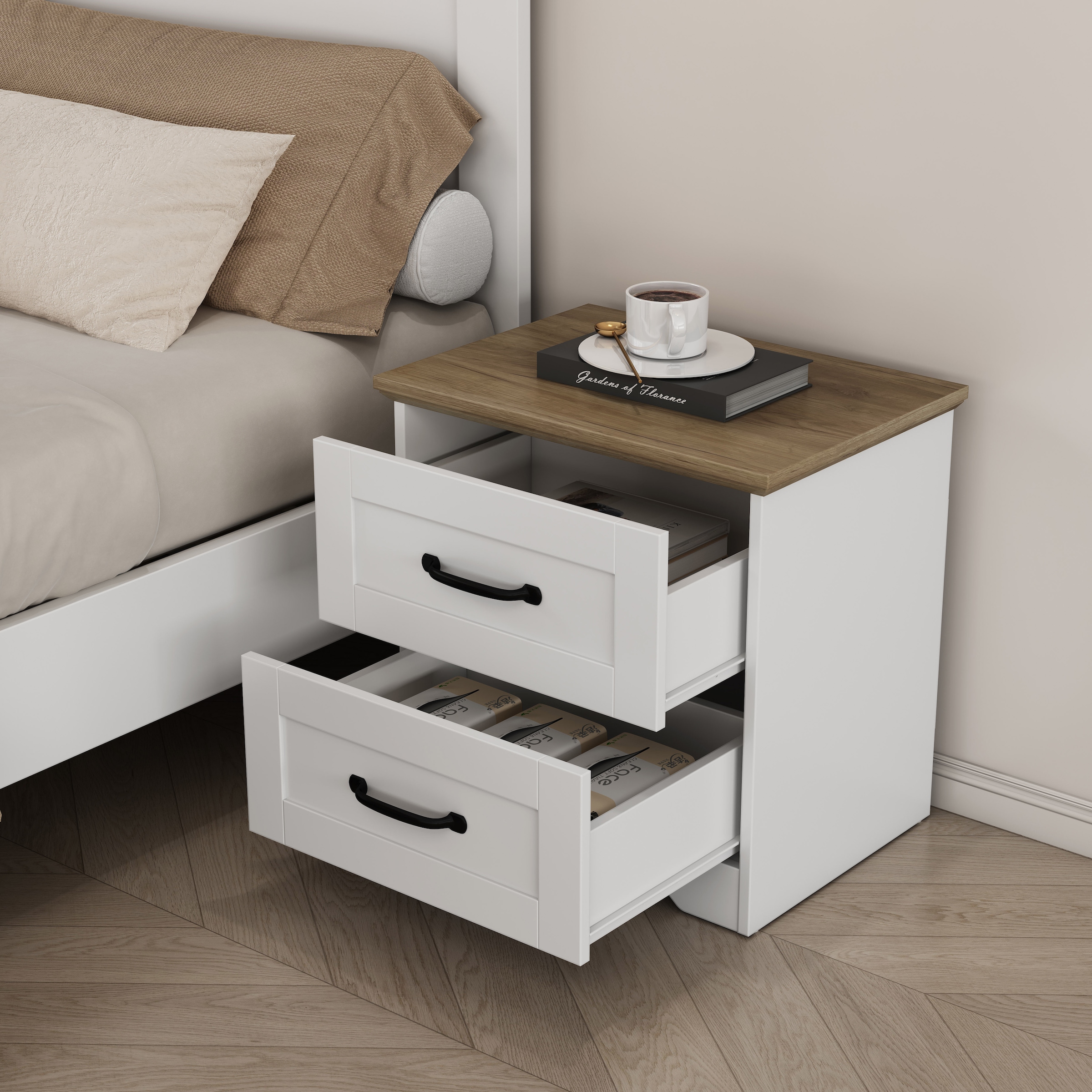 GOODproduct Nachtkommode »Emmilia Nachttisch Set im Landhaus Design« Schlafzimmer Kommoden Nachschrank im 2er Set, 2 Stk. tlg. 2 Schubladen je Nachttisch - viel Stauraum im Schlafzimmer