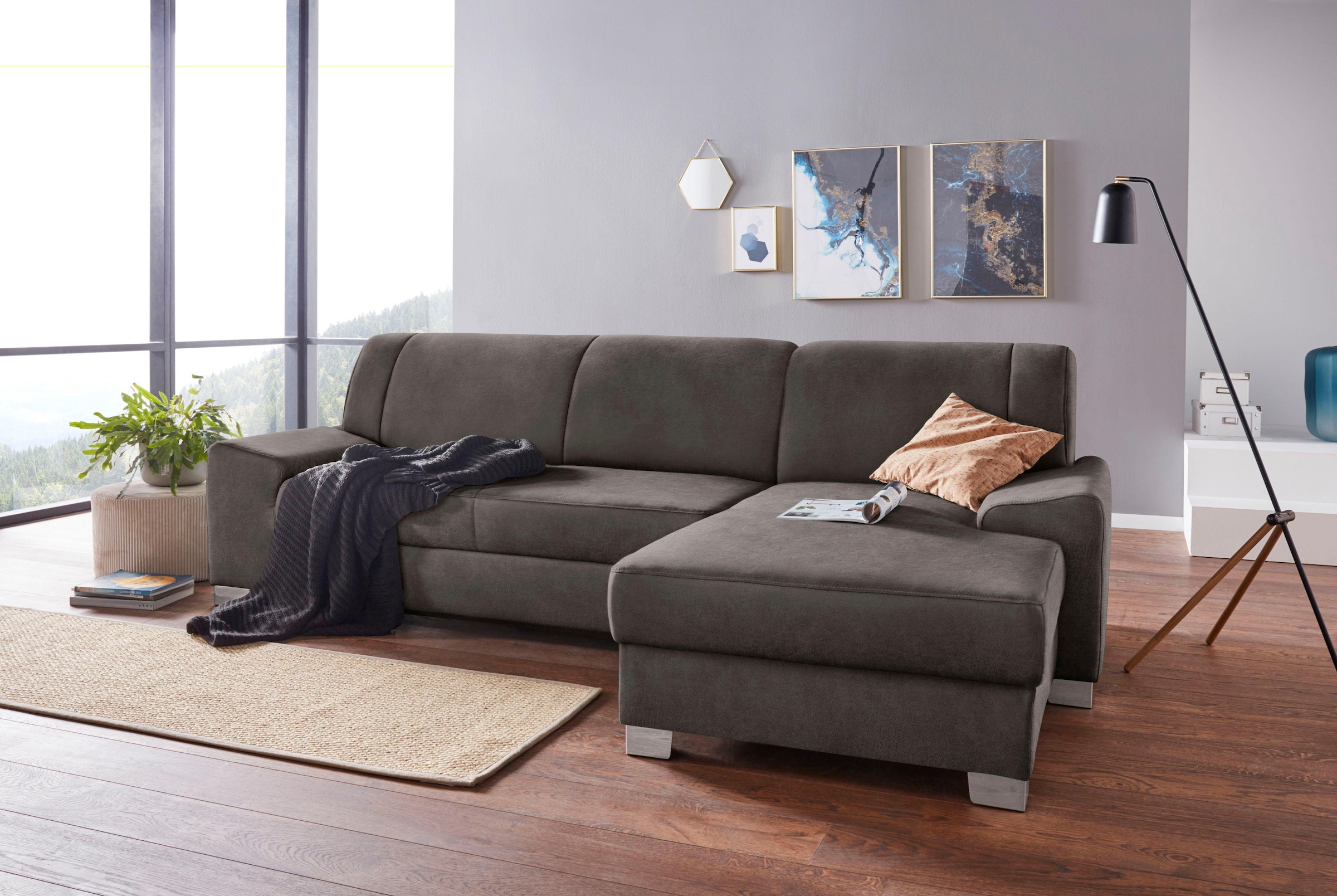 Image of DOMO collection Ecksofa "Anzio L-Form, whlw. Bettfunktion, Federkern, hochwertig, Breite 271 cm" Mit Bettfunktion, Recamiere rechts, Luxus-Microfaser, dunkelgrau