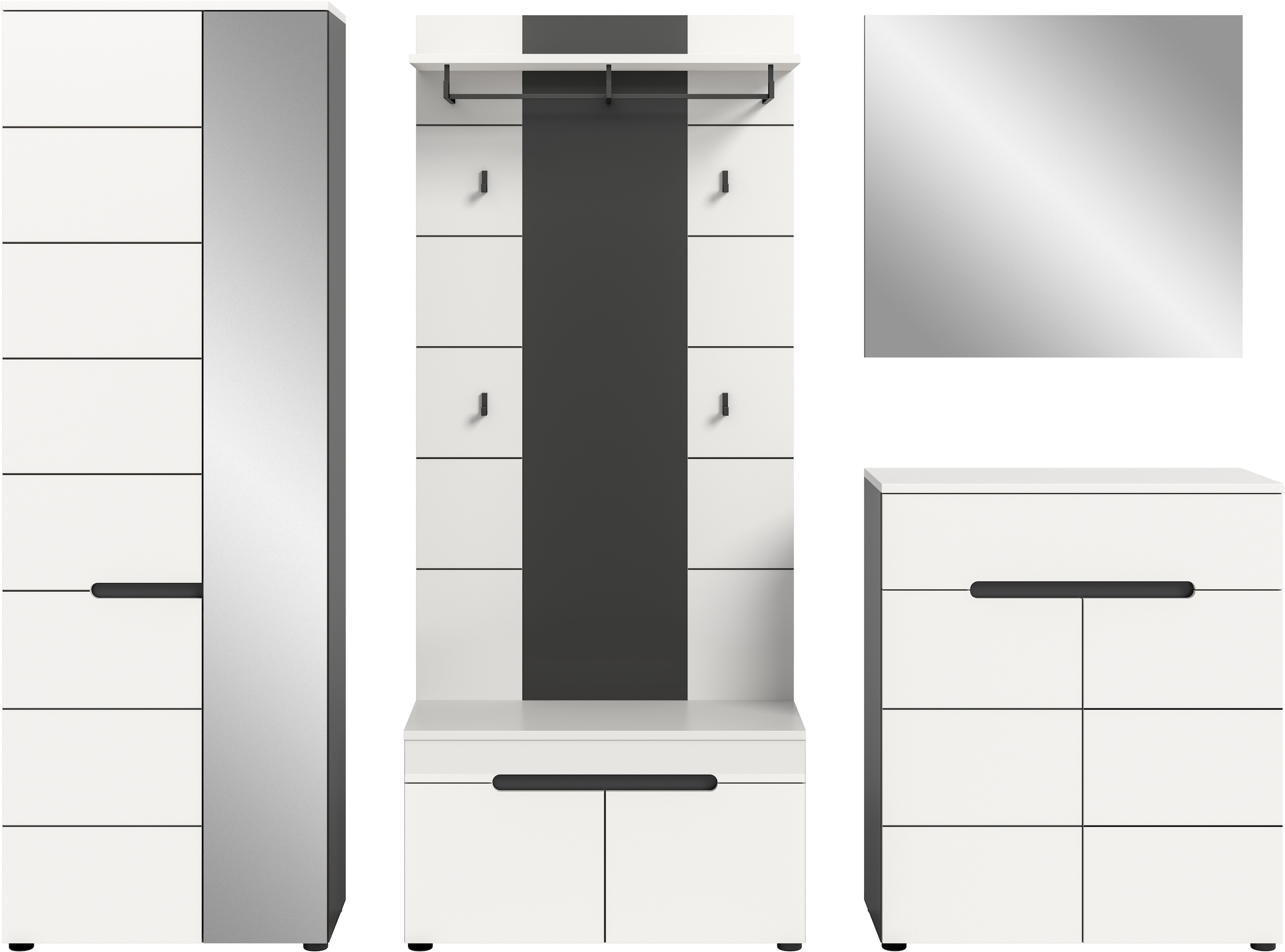 Home affaire Garderoben-Set »REHAT, TOPSELLER!, 5-teilig, Breite 255cm, individuell erweiterbar« Set, bestehend aus: Garderobenschrank, Sitzbank, Paneel, Spiegel, Kommode, 5 Stk. tlg.