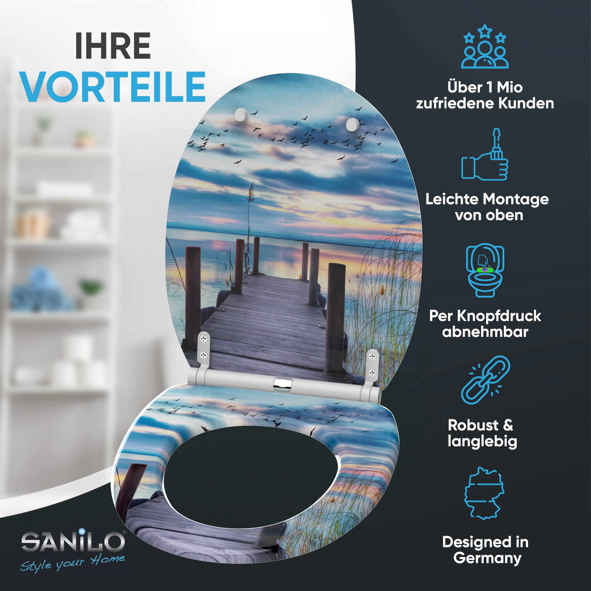 Sanilo Siège de WC »Sunset mit Absenkautomatik & Quick Release« Premium Toilettendeckel, abnehmbar, leichte Montage von oben
