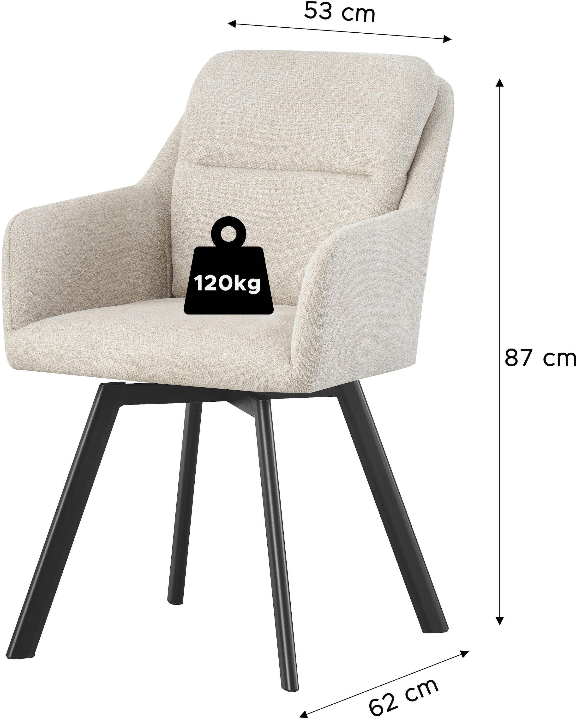 Home affaire Esszimmerstuhl »NEEPAWA, 2er Set, mit Metallgestell in matt schwarz« (Set) 2 Stk.in verschiedenen Farben, Belsatbarkeit pro Stuhl 120 kg, mit Armlehne