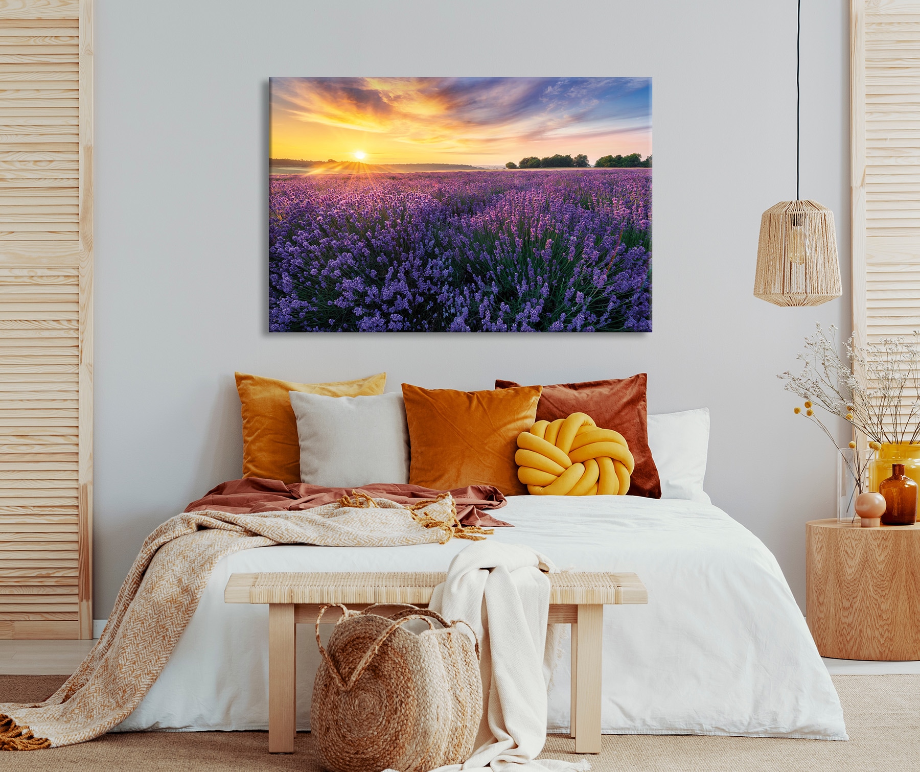 Bönninghoff Leinwandbild »Wandbild LAVENDELFELD 78x118 cm – Leinwandbild Keilrahmen Deko modern« Felder | Sonnenaufgang 1 Stk. tlg. auf Keilrahmen gespannt