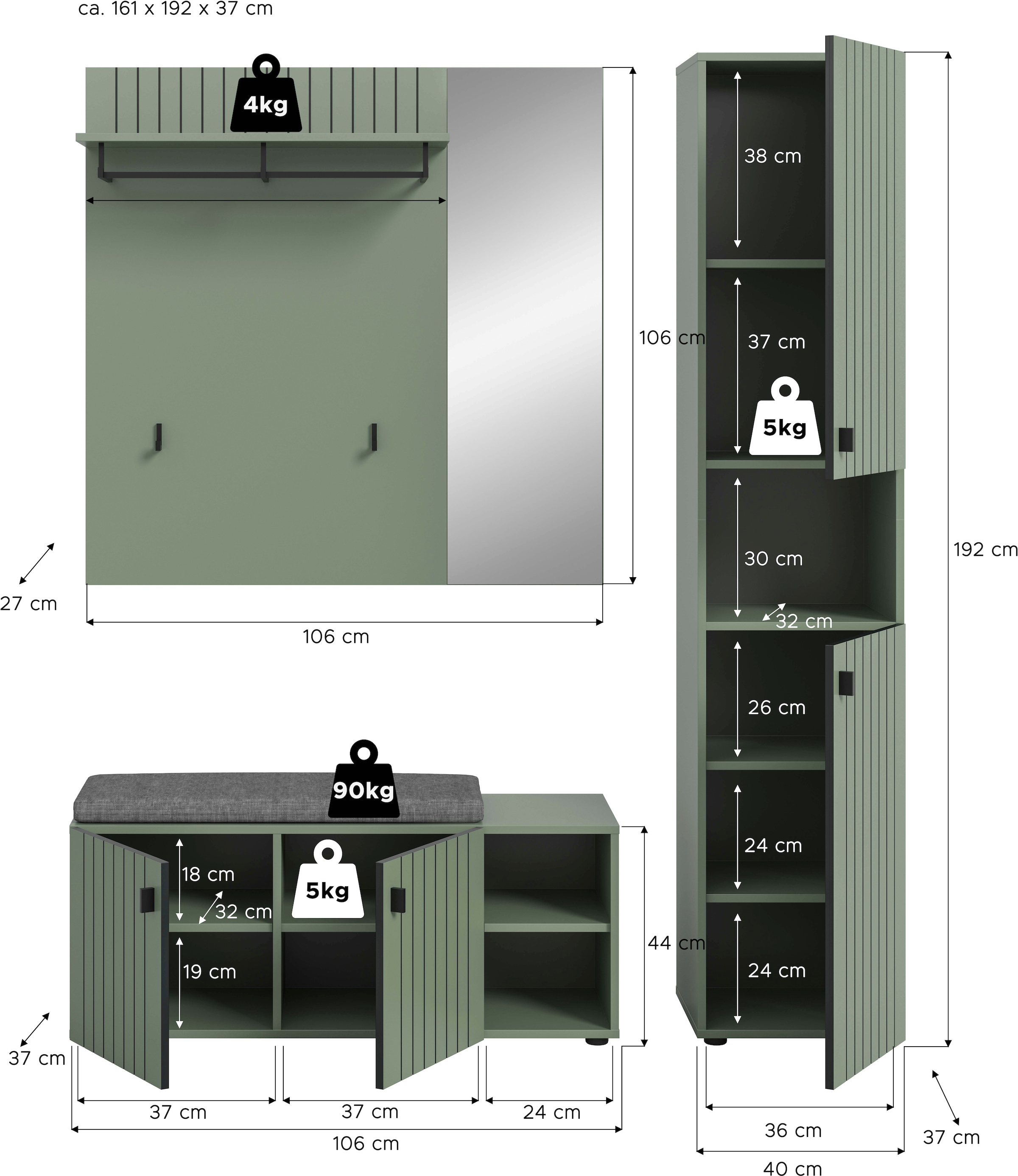 Home affaire Garderoben-Set »TATIO, 4-tlg. Garderobenkombination, Breite: 161 cm, Rillenfräsung« Set, Set, best. aus: 1 Paneel, 1 Garderobenschrank,1 Sitzbank,1 Sitzkissen, 4 Stk. tlg.