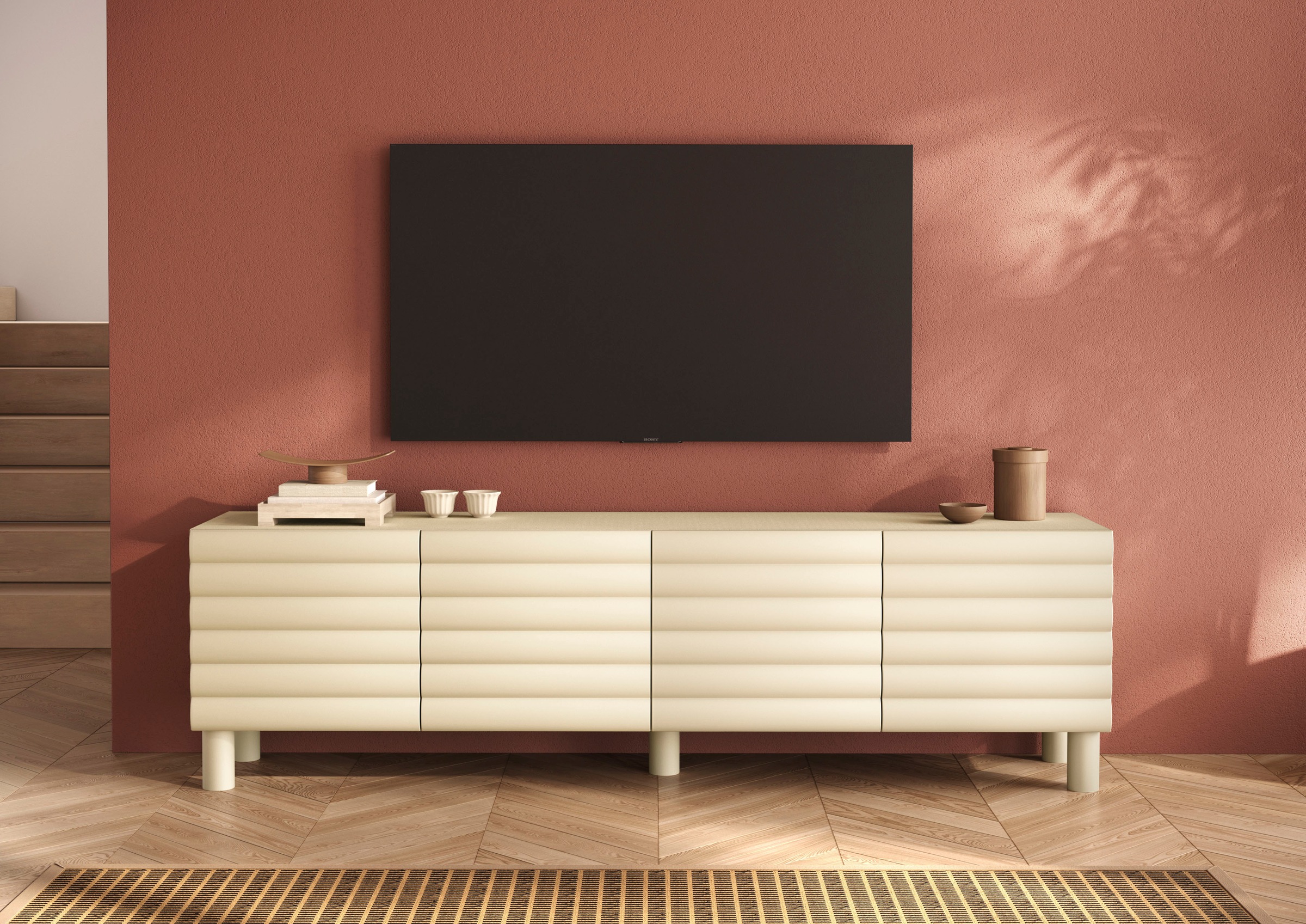 Image of GOODproduct Lowboard "Adria, 202 cm breit, 4 Türen, Mediaboard, TV-Schrank, TV-Board" Korpus Talco Spatolato, MDF-Fronten in 3D-Design, viel Stauraum