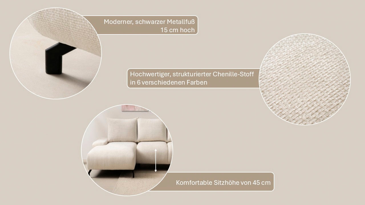 GOODproduct Ecksofa »KELLIE, L-Form, 315 cm, verstellbare Armlehne, Metallfüsse,« wahlweise Recamiere links o. rechts, Chenille-Stoff, hoher Sitzkomfort