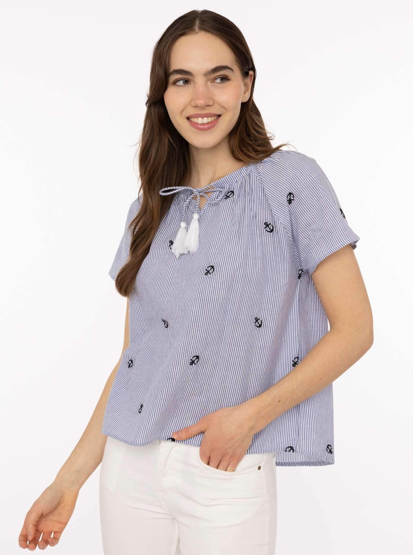 Image of Zwillingsherz Kurzarmbluse ""Stripe & Stitch"" Kurzarm, mit Stickerei, Tunnelzug und Tasseln