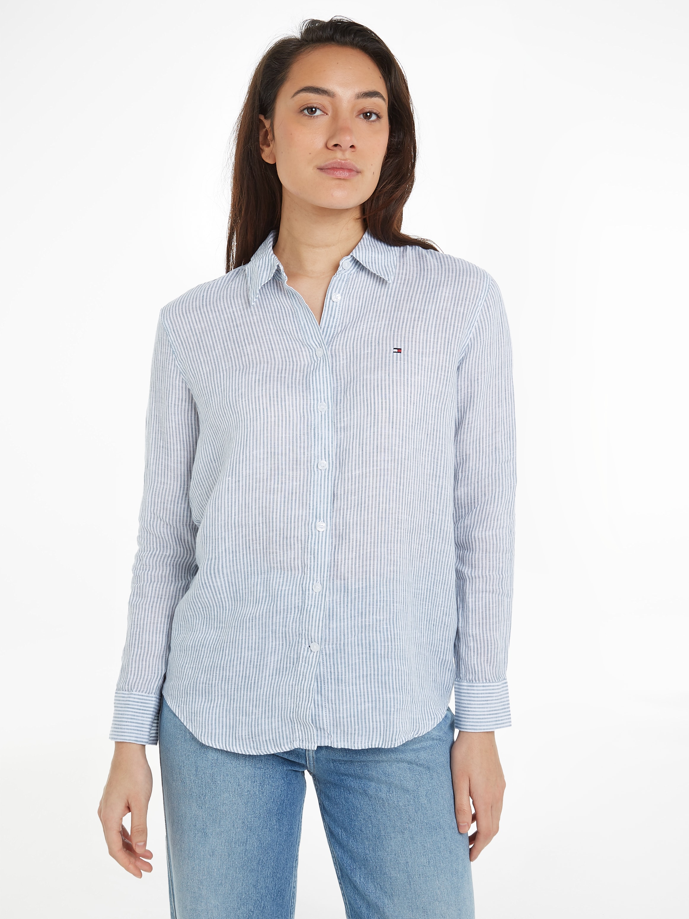 Tommy Hilfiger Hemdbluse »LINEN STP RELAXED SHIRT LS«, mit Logostickerei auf der Brust