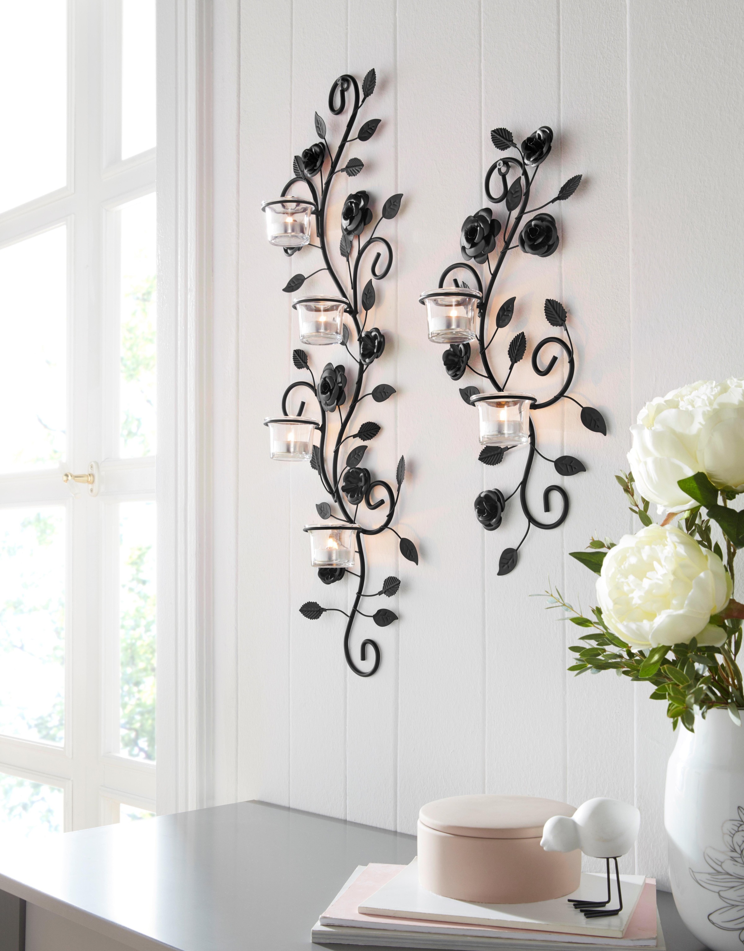 Image of Home affaire Wandkerzenhalter "Blumenranke, schwarz" Landhaus, Metall, Glas, schwarz antik