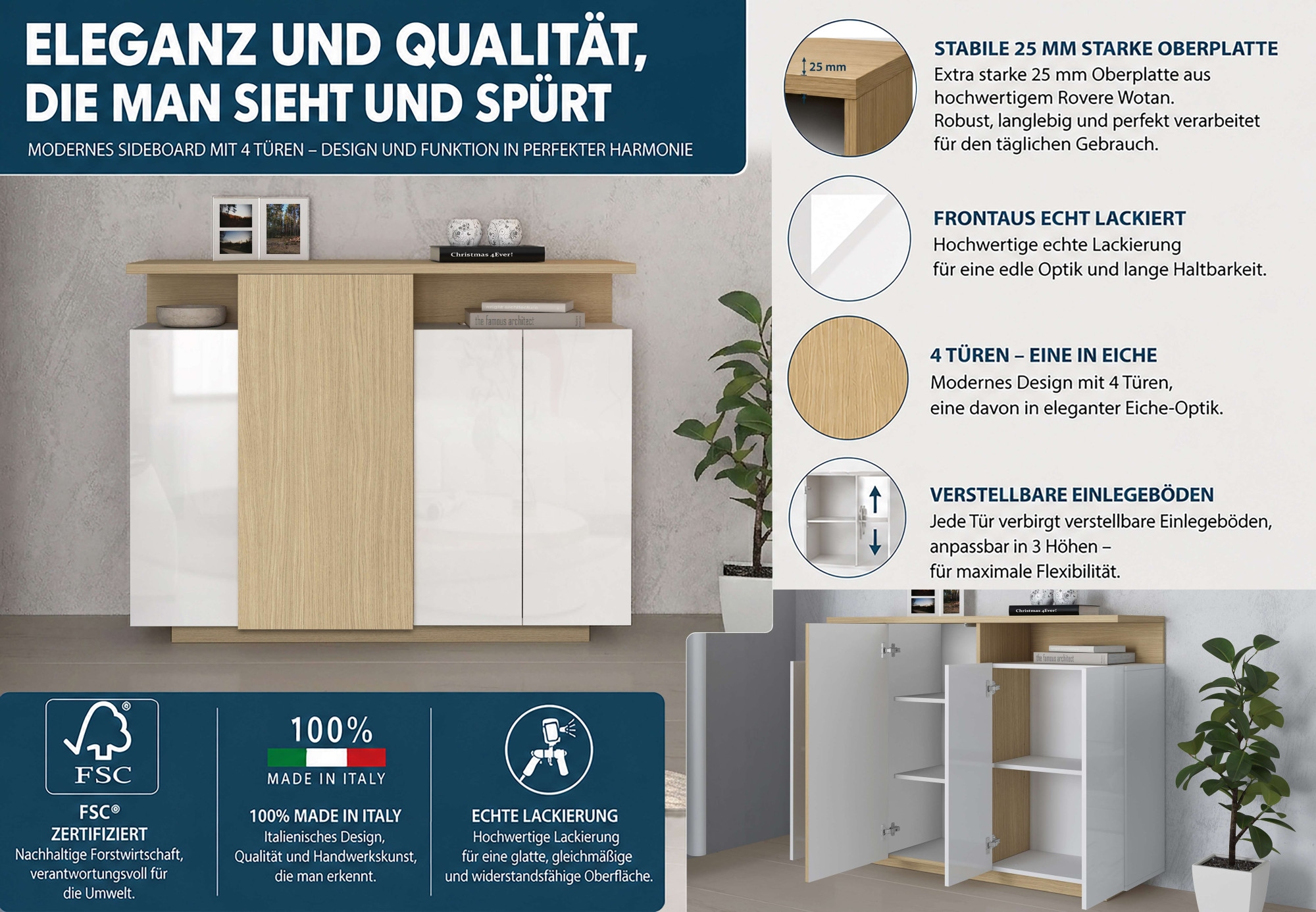 GOODproduct »Highboard ETHOS, Kommode, Schrank, Kredenz« 1 cuis tlg. Avec 4 portes pivotantes, 9 compartiments intérieurs et 2 compartiments extérieurs, L.130 cm