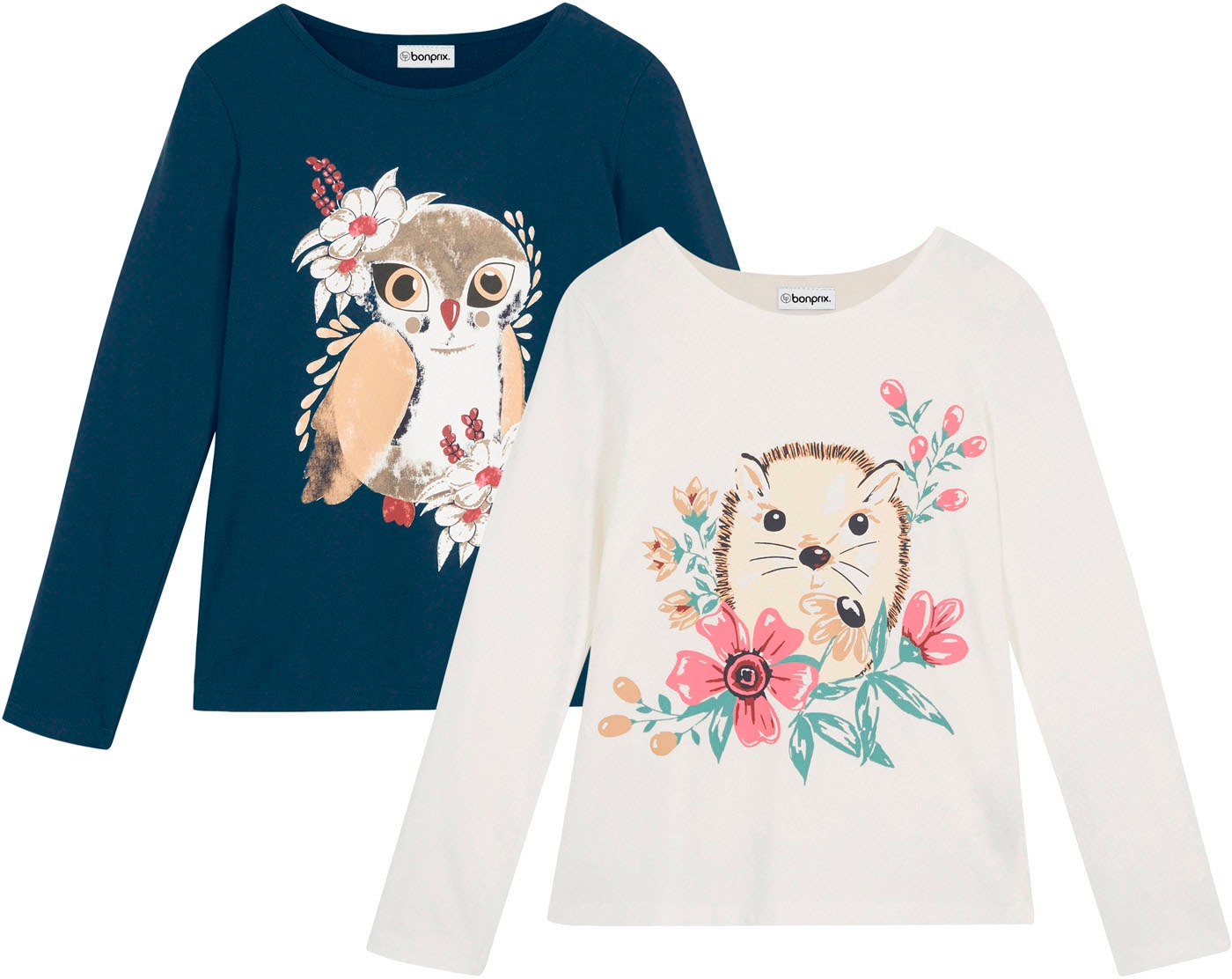 Image of bonprix Langarmshirt Packung, 2 Stk. Regular Fit, mit Print, aus Baumwolle, im 2er-Pack