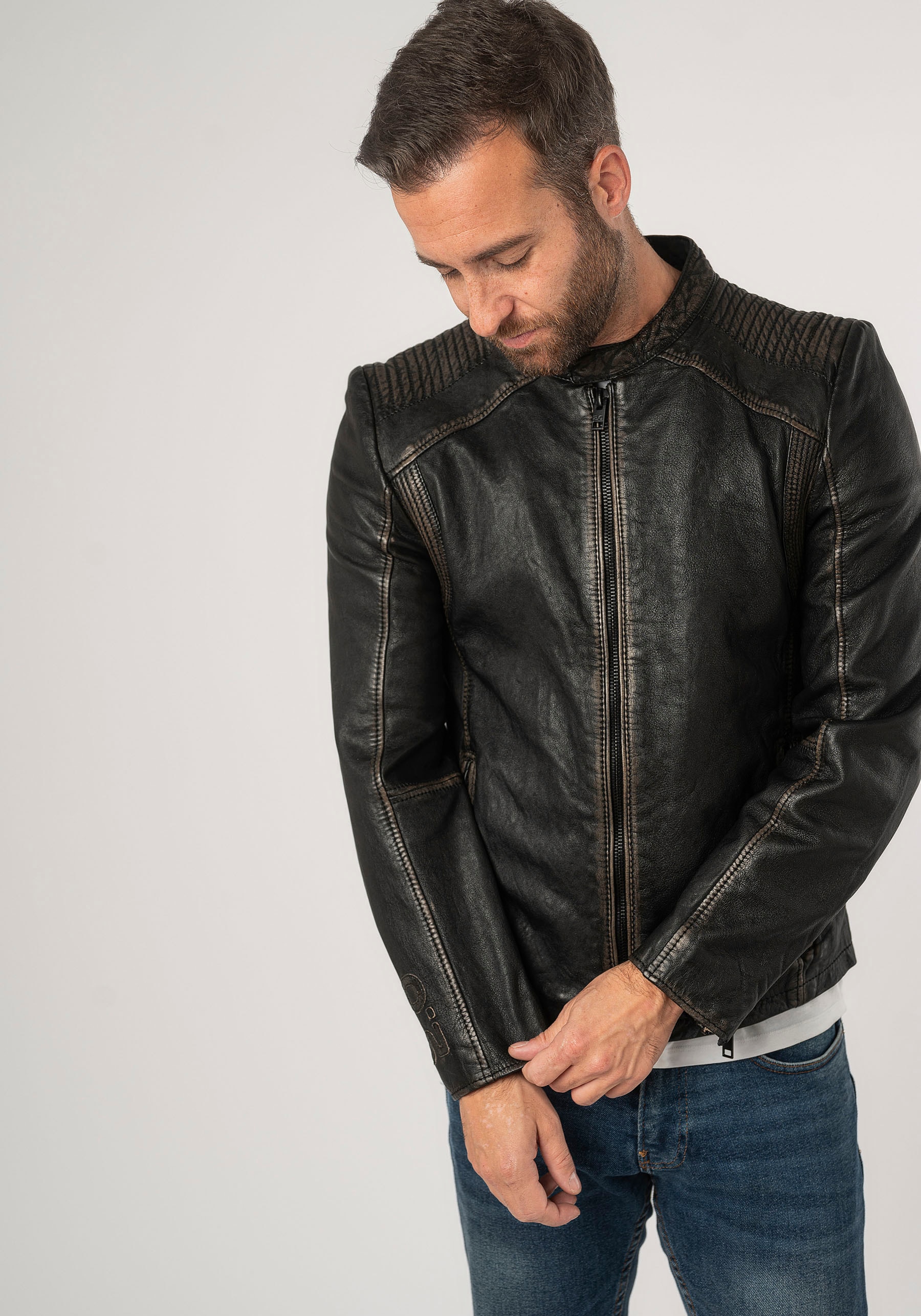 Mauritius Lederjacke »2Mgoji SF«, mit markanten Ziernähten, Ziersteppung, Antik-Optik, Reissverschluss