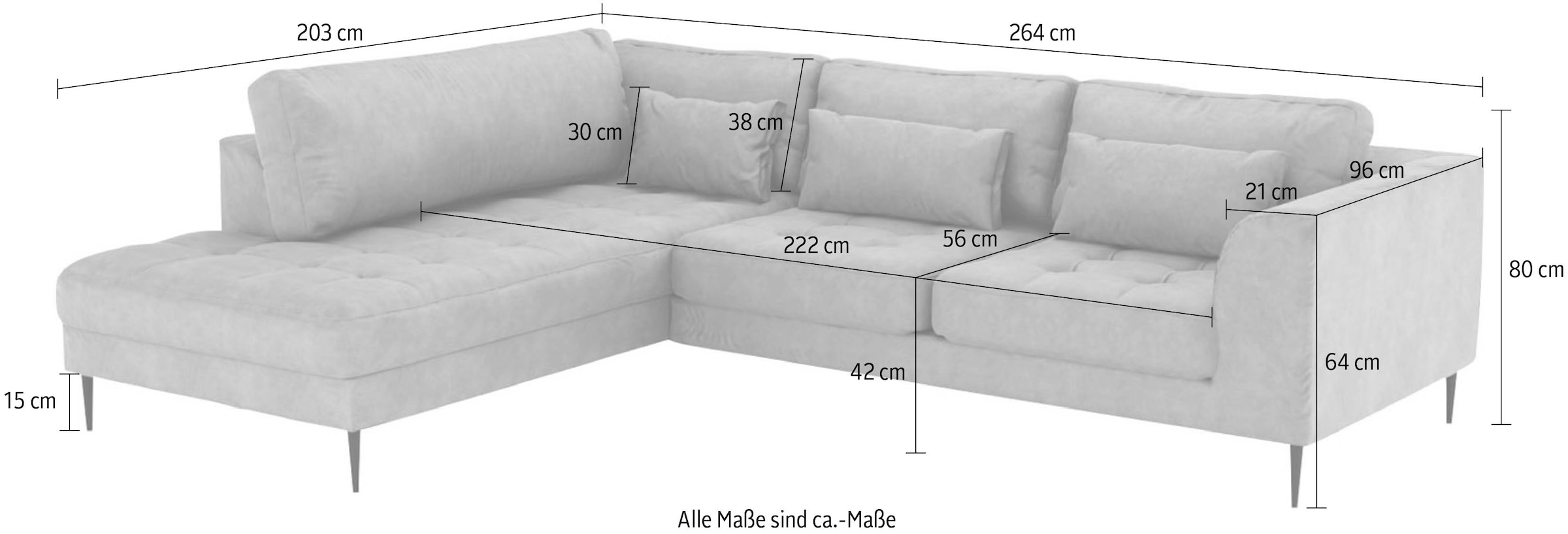 TRENDMANUFAKTUR Ecksofa »Luzi, wahlweise mit Schlaffunktion und Bettkasten, gemütlich, L-Form« Designsofa mit Ottomane, Metallfüsse schwarz, Breite 264 cm