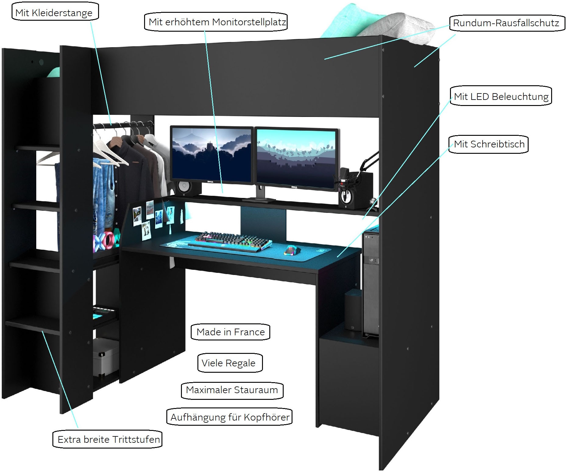 INOSIGN Hochbett »Meddox, NEU! Gamerbett, Jugendbett, LED, Schreibtisch«, (Gesamtaussenmasse B/T/H 203,7/94,4/180 cm), Kleiderstange, viel Stauraum, ideal für kleine Räume, ALL-IN-ONE Bett
