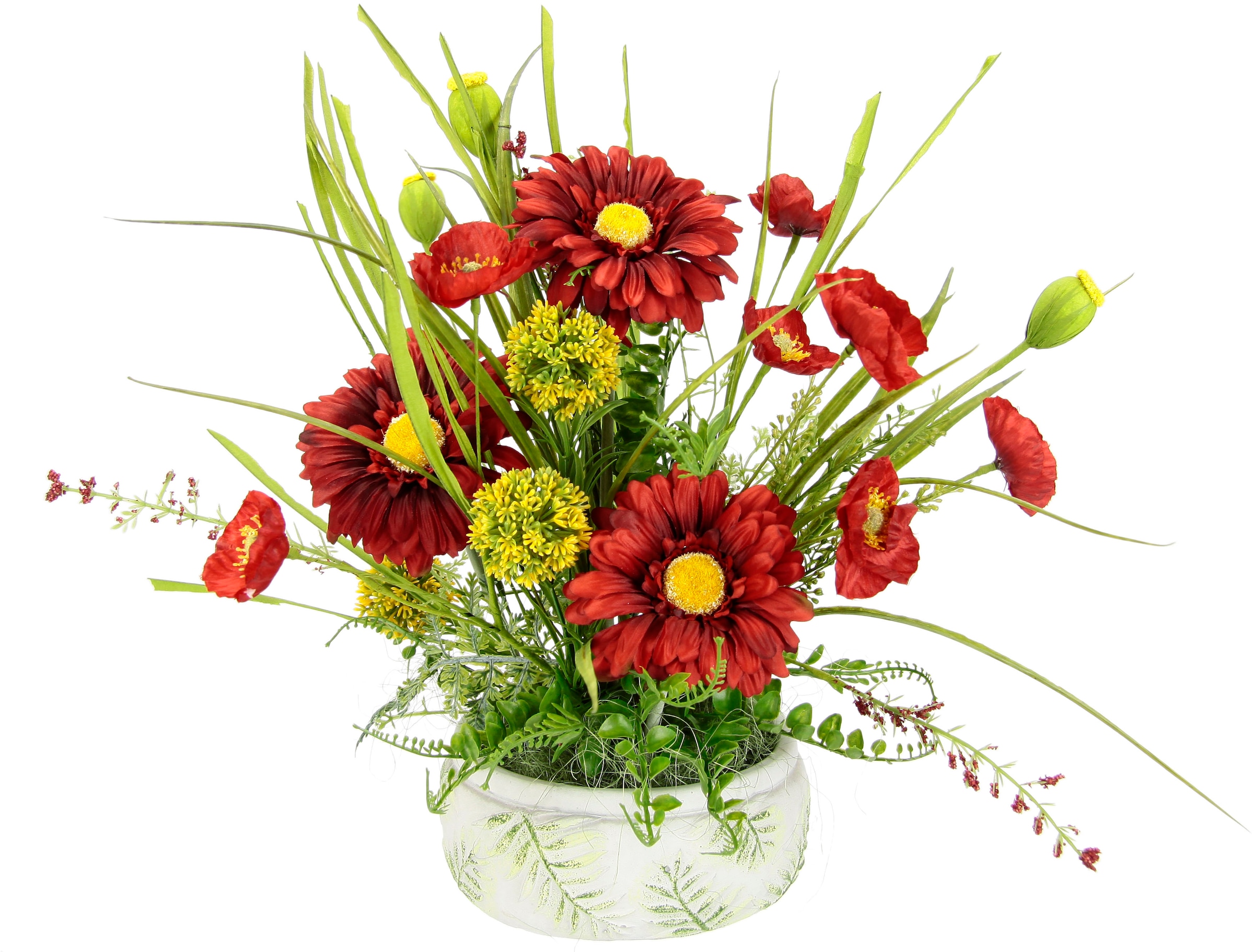 Kunstblume »Blumenarrangement aus Gerbera und Mohnblumen in Schale aus Keramik«,...