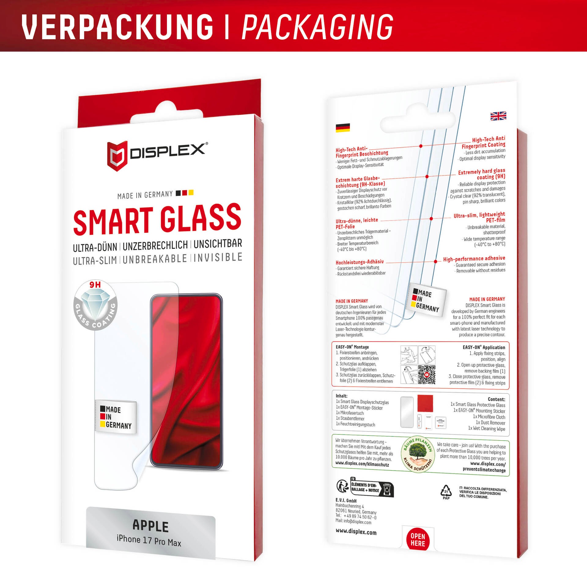 Displex Displayschutzglas »Smart Glass Screen Protector« für Apple iPhone 17 Pro Max Displayschutzfolie, Schutzfolie, Bildschirmschutz, kratz- & stossfest
