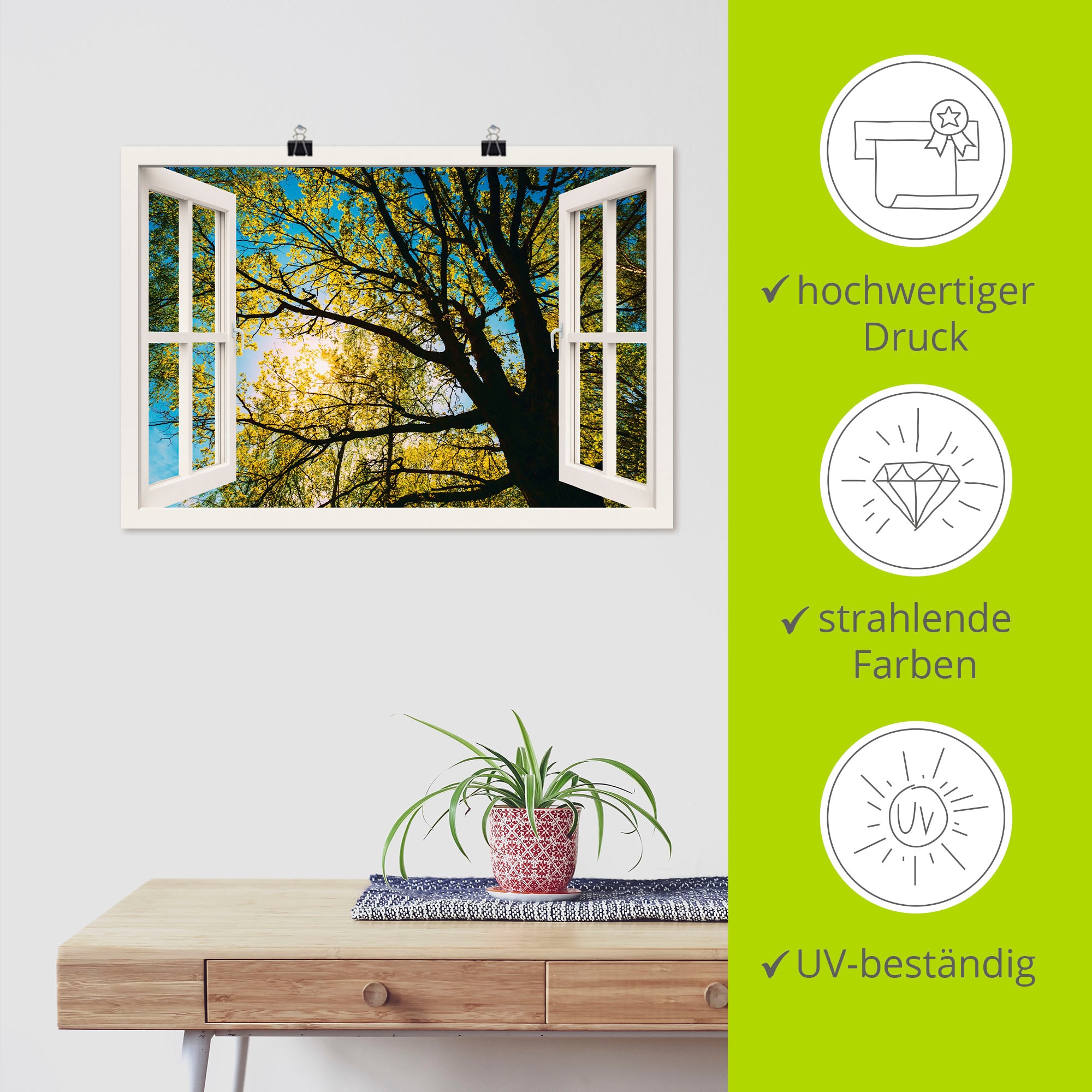 Artland Wandbild »Fensterblick Frühlingssonne Baumkrone«, Bäume, (1 St.), als Leinwandbild, Poster in verschied. Grössen