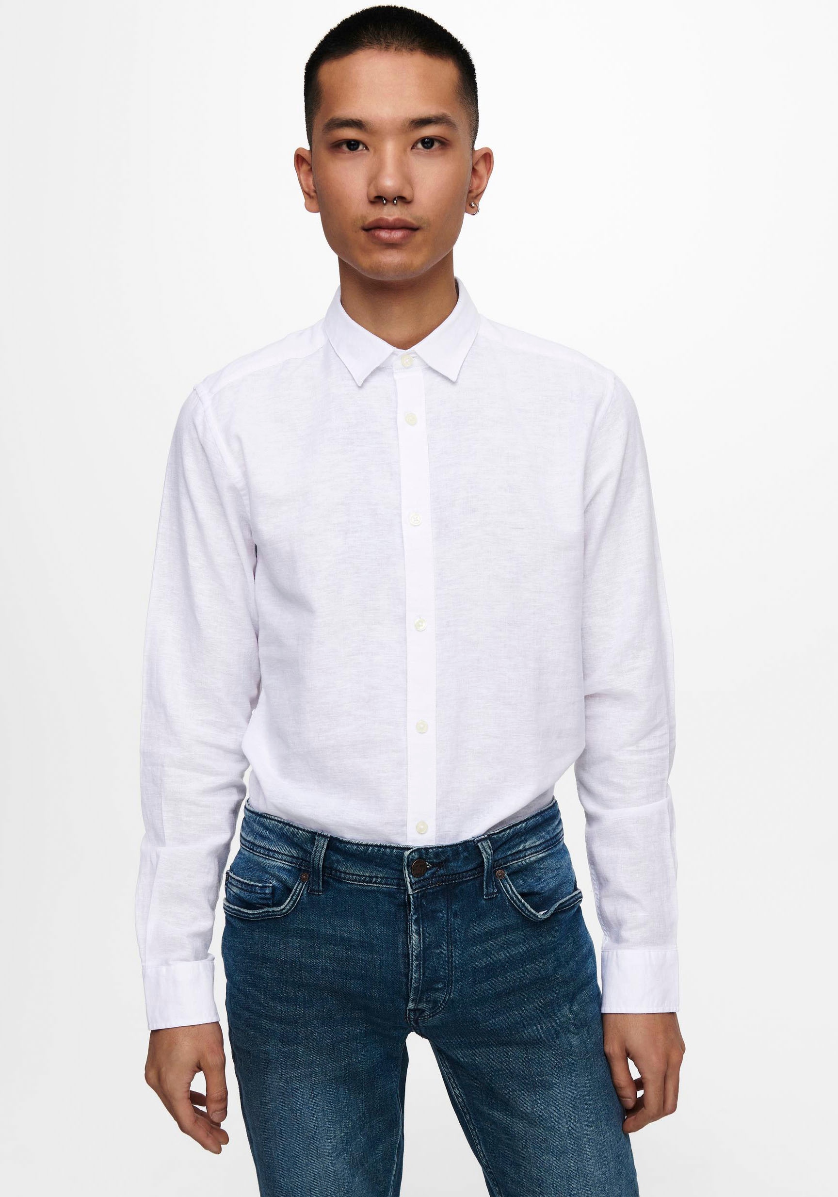 Image of ONLY & SONS Langarmhemd "ONSCAIDEN LS SOLID LINEN SHIRT NOOS" Baumwollmischung mit Leinen, slim fit