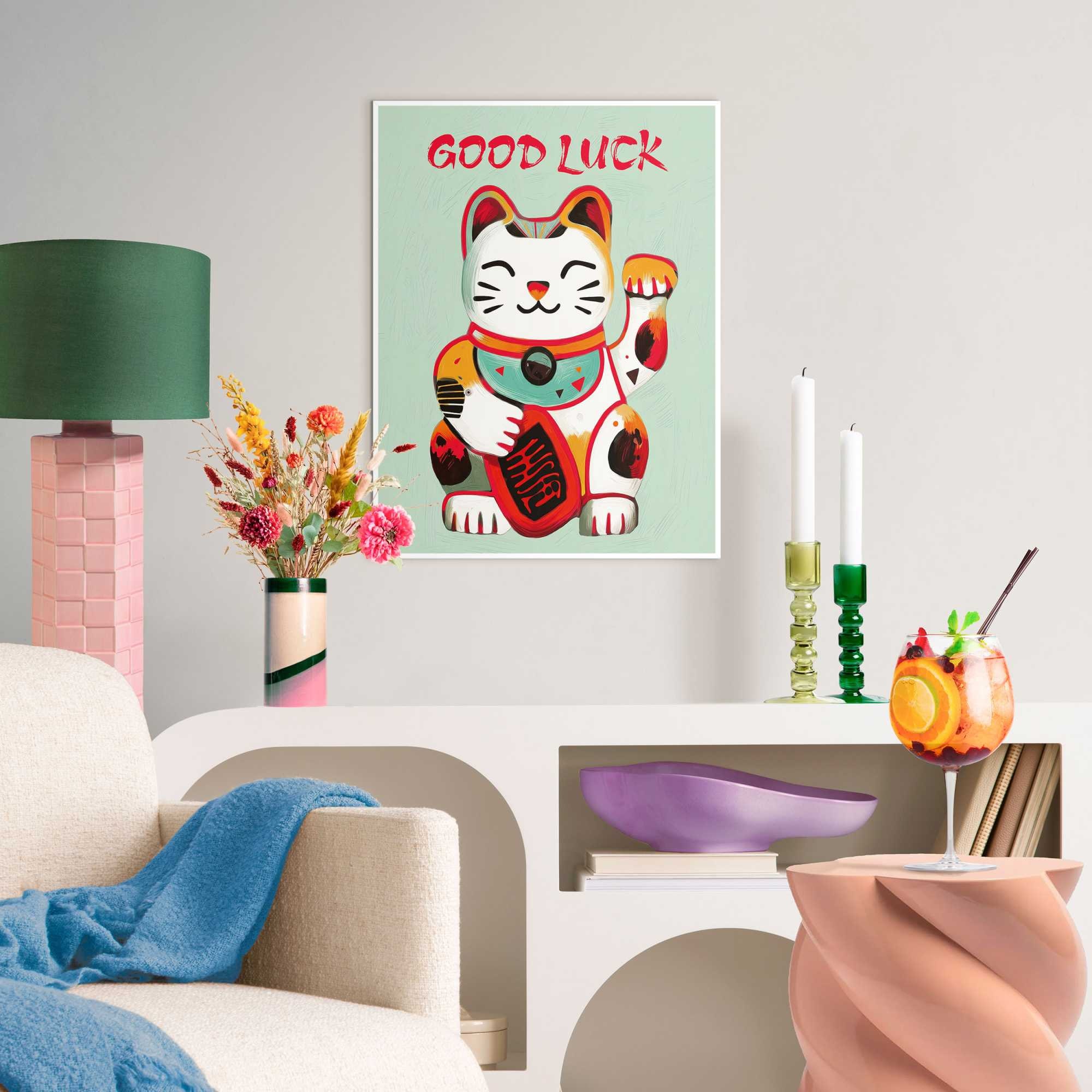 Image of Reinders Bild mit Rahmen "Maneki Neko" 1 Stk. tlg. Hobbyraum - Grün - MDF - Spiritualität - 30x40 cm