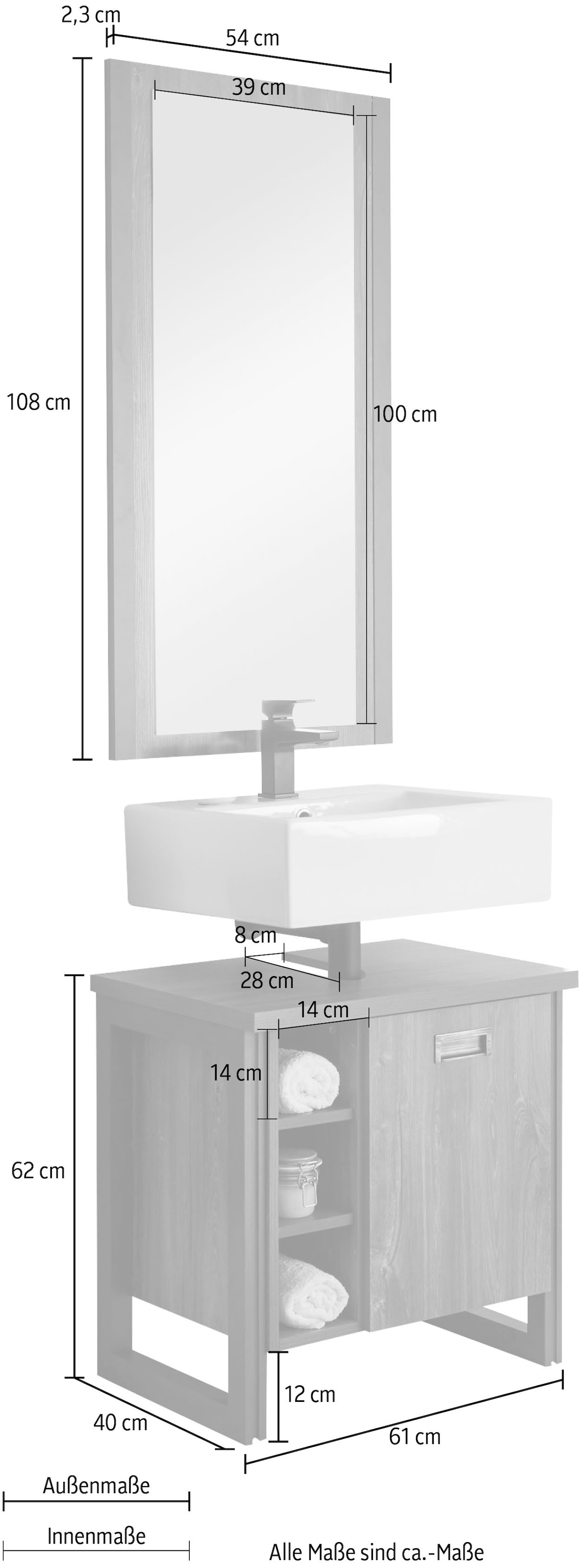 Home affaire Badmöbel-Set »Detroit, Bad im Industrialdesign, 2-teiliges Badezimmer«, (Set, 2 St.), Waschbeckenunterschrank und Spiegel, holzfarben, mit offenen Fächern