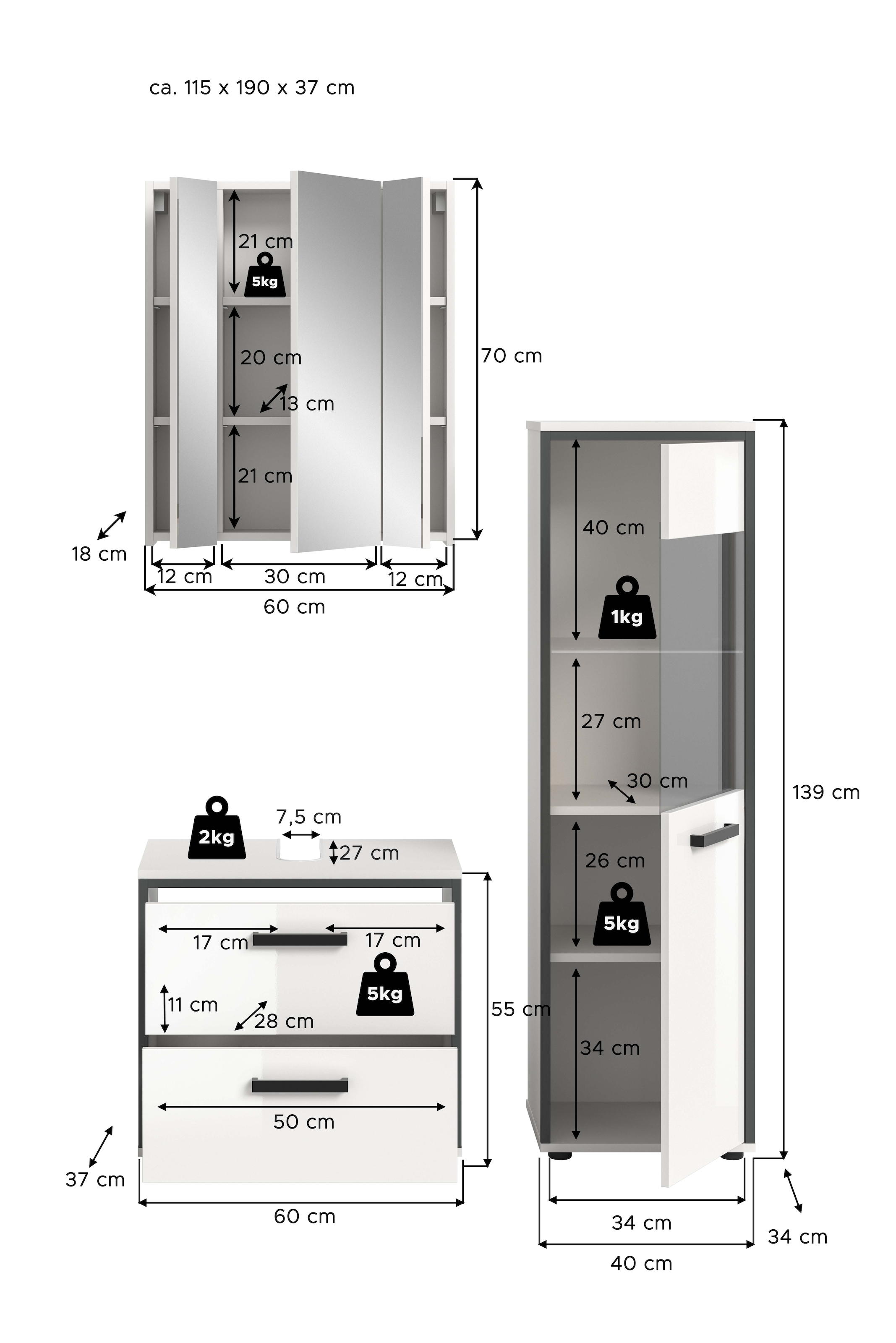 welltime Badmöbel-Set »KAJO, 3-tlg. Badkombination, weiss hochglanz« Set, Set, best. aus:1 Midischrank,1Spiegelschrank,1Waschbeckenunterschrank, 3 Stk. tlg.