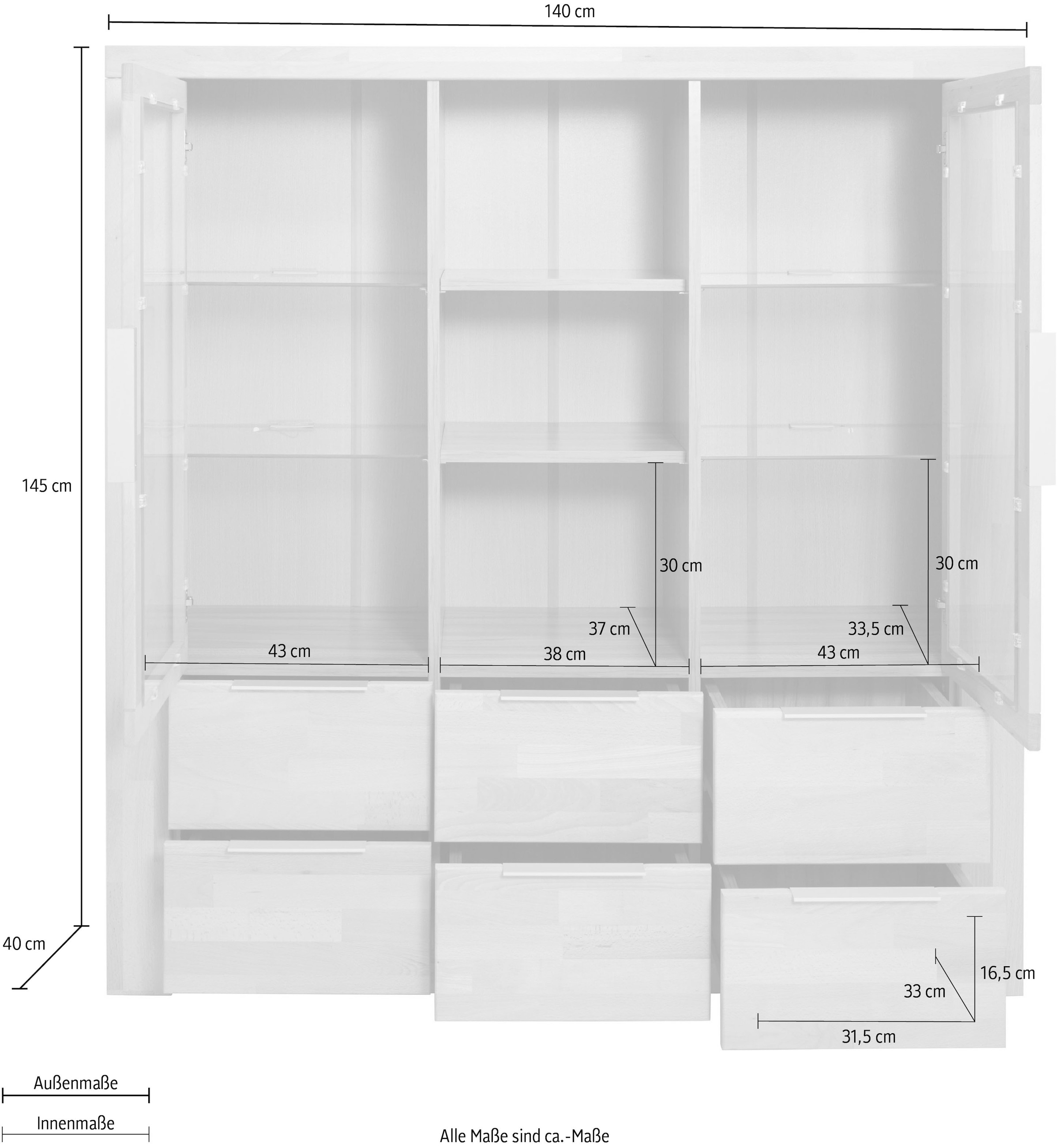 GOODproduct Buffet haut »Zara, 9 Fächer, 6 Schubkästen« L/P/H : 140/40/145, poignées en métal