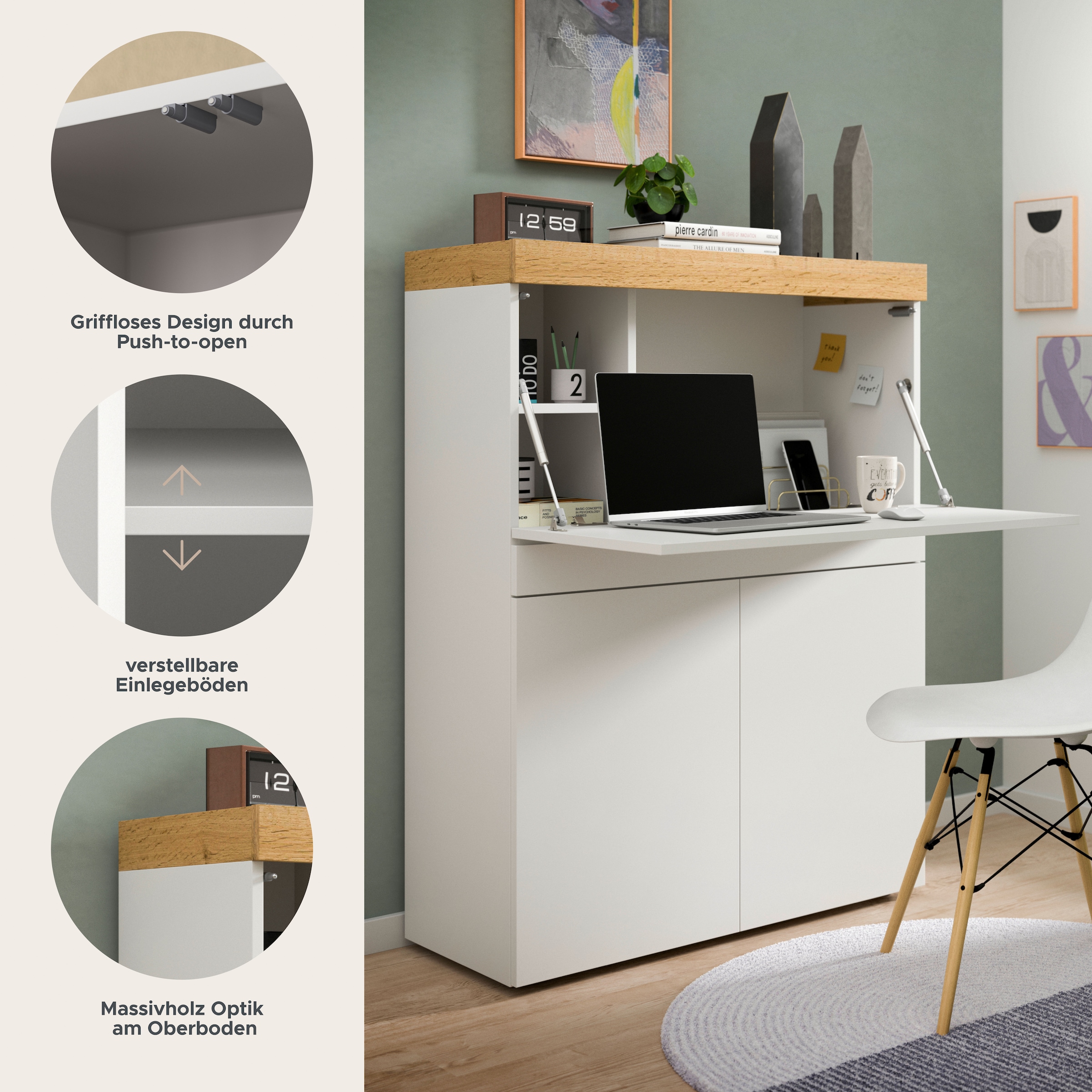 GOODproduct Secrétaire »MAMBO, Höhe 122cm, Home-Office-Schreibtisch, PC-Schrank« 2 Türen, 1Klappe, 7 Fächer, 1 Schubkasten, 3 höhenverstellbare Böden,  Multifunktional mit viel Stauraum, klappbare Tischfläche