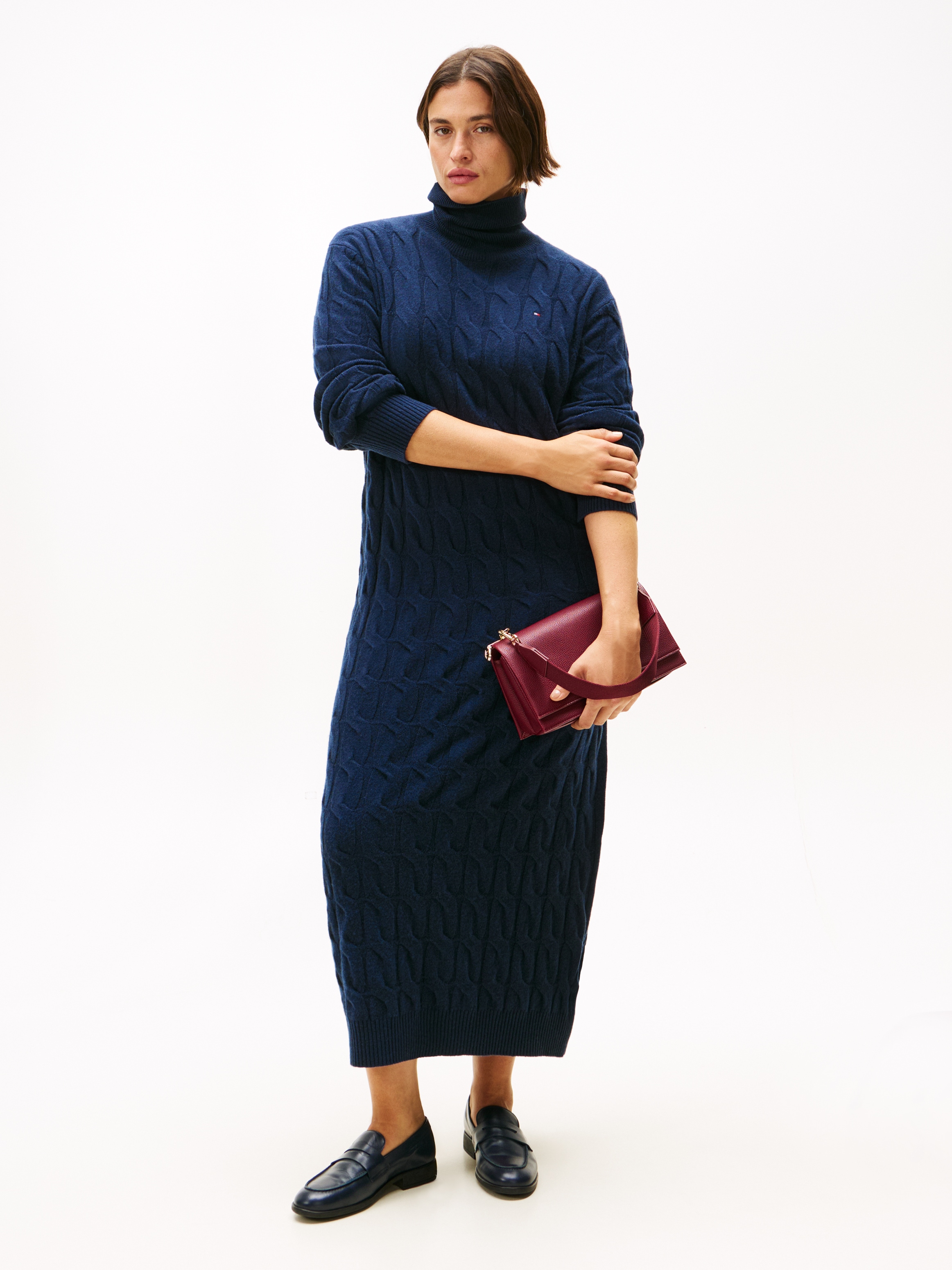 Image of Tommy Hilfiger Curve Strickkleid "CRV SOFT WOOL CABLE ROLL-NK DRS" in grossen Grössen, mit Zopfmuster, aus reiner Wolle