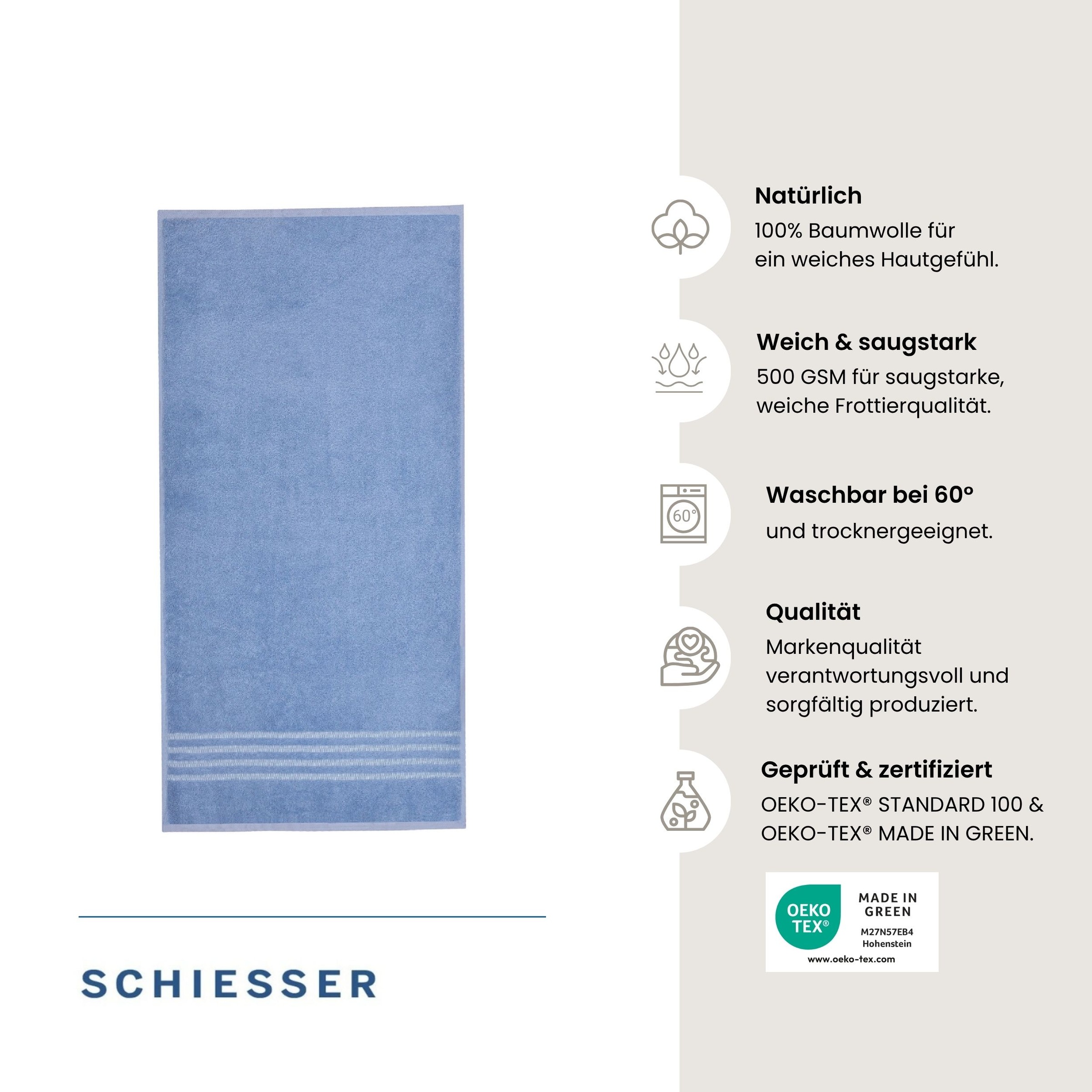 Schiesser Duschtücher "Milano aus 100% Baumwolle mit eleganter Bordüre in Hoch-Tief-Optik" OEKO-TEX MADE IN GREEN
