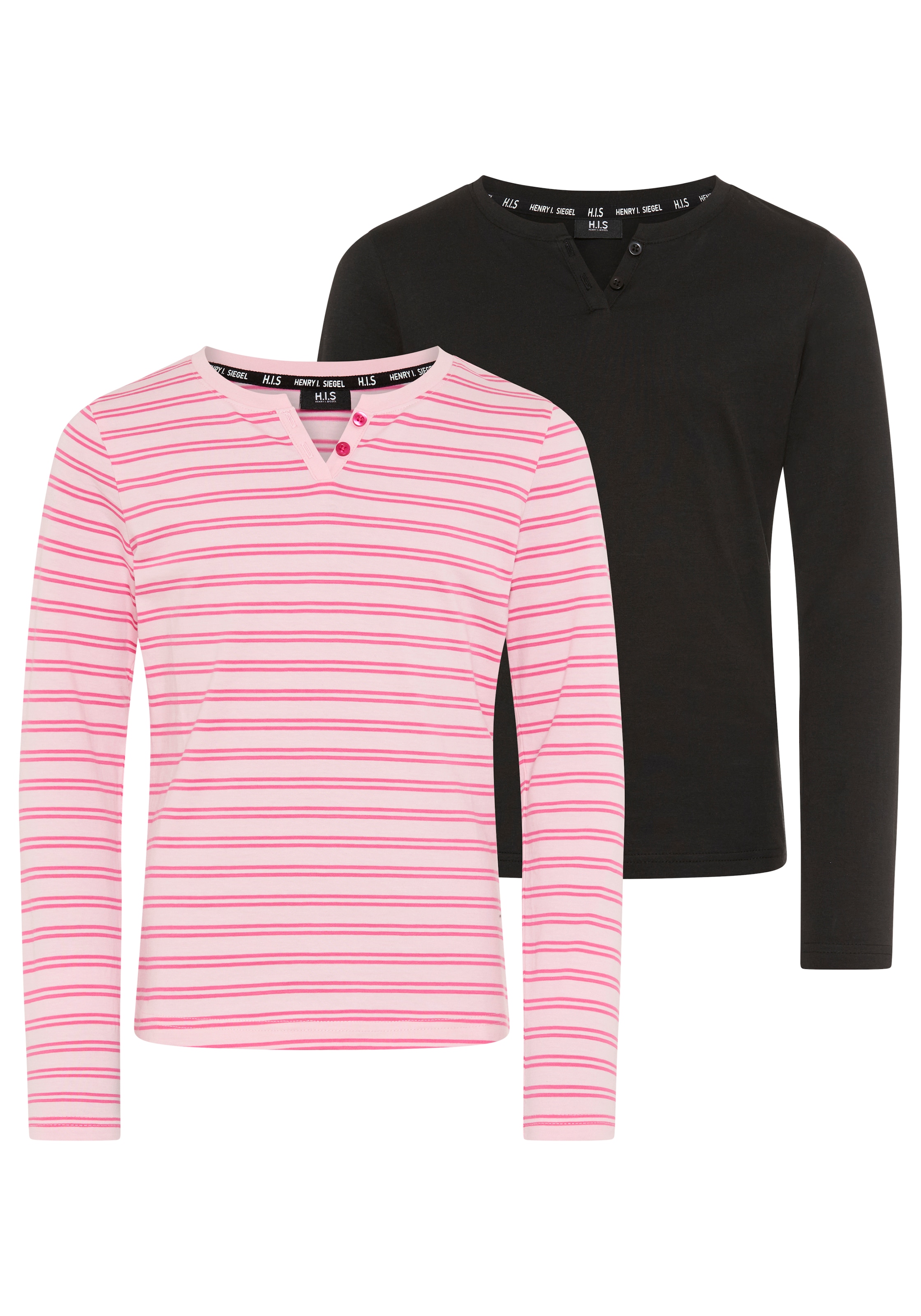 Image of H.I.S Langarmshirt "2er Pack Shirts 1x uni + 1x geringelt, für Mädchen" Packung, 2, 2 tlg. für Mädchen, Langarm, mit Rundhalsausschnitt und Knopfleiste
