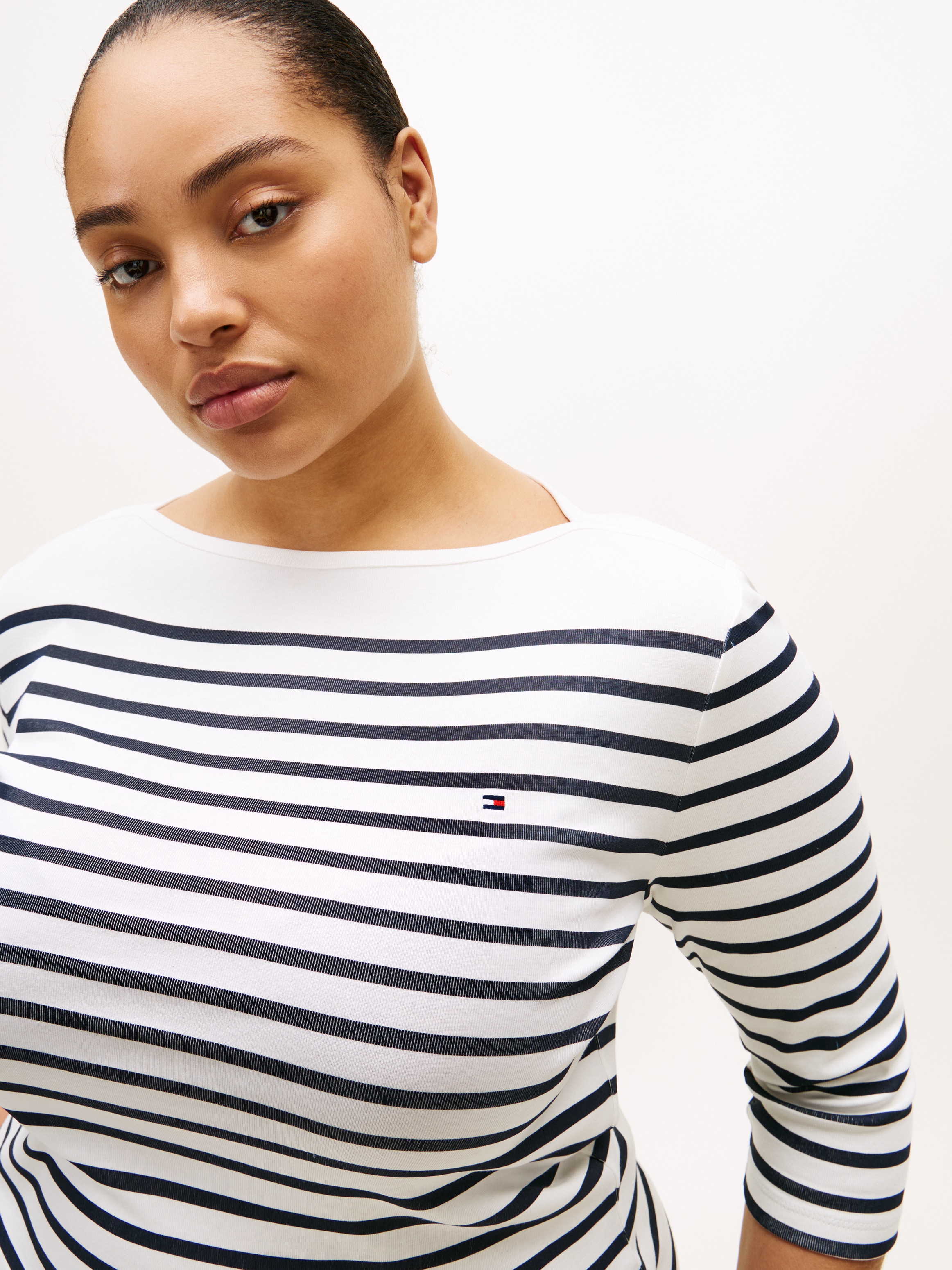 Tommy Hilfiger Curve T-shirt »CRV SLIM CODY BOAT-NK 3/4SLV« en grandes tailles, manches 3/4, broderie logo