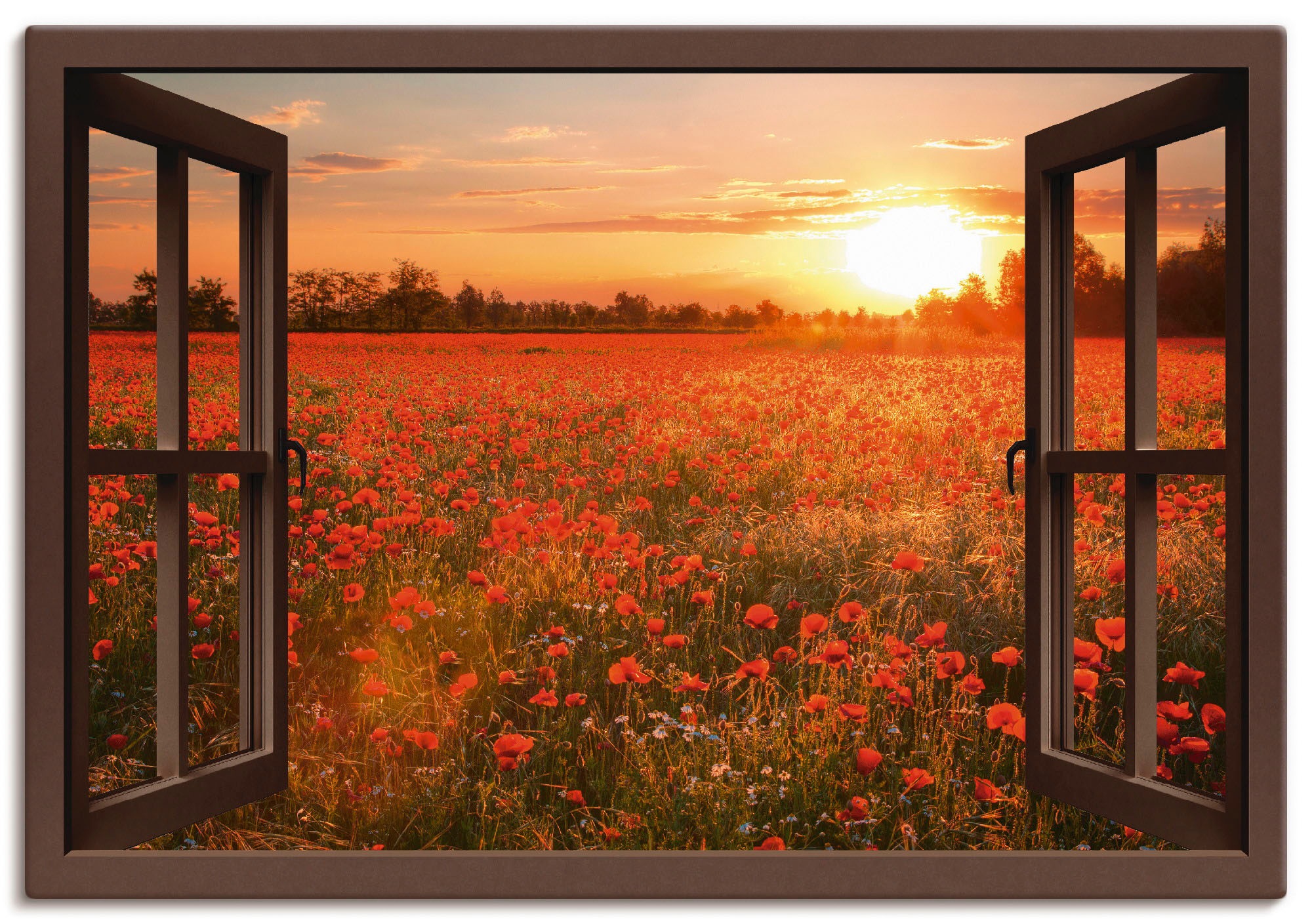 Artland Leinwandbild »Fensterblick Mohnblumenfeld - braun«, Blumen, (1 St.), auf Keilrahmen gespannt