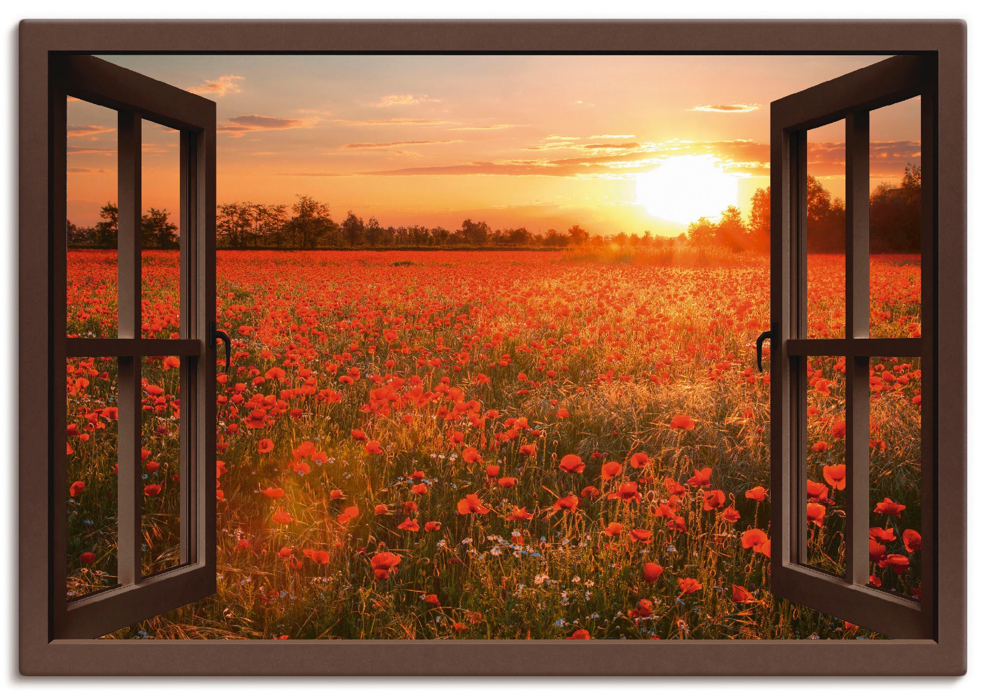 Image of Artland Leinwandbild "Fensterblick Mohnblumenfeld - braun" Blumen 1 Stk. tlg. auf Holzrahmen gespannt