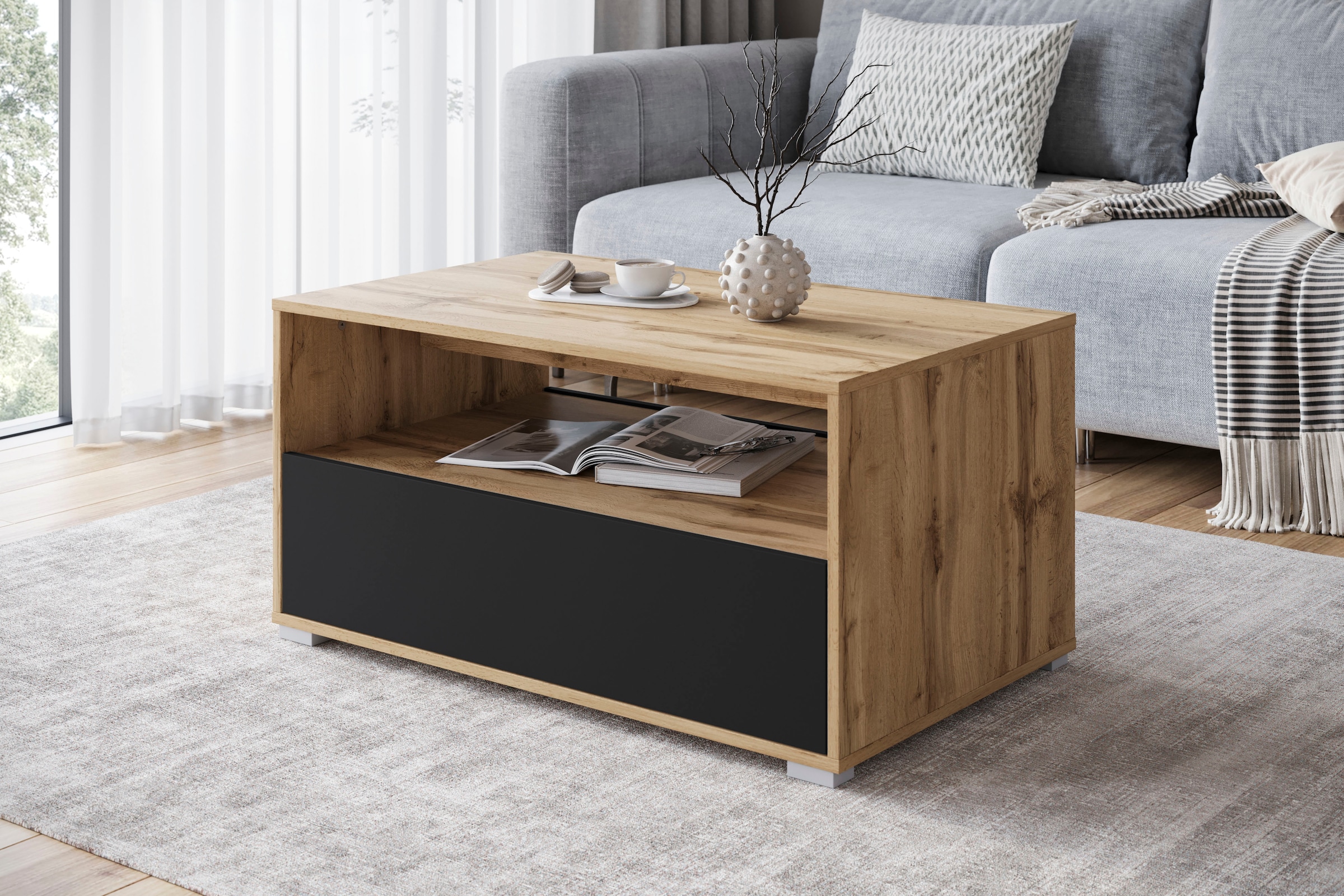 Home affaire Table basse »Kenia« 1 cuis tlg. Table basse rectangulaire, 90x55 cm, avec compartiment ouvert et fermé