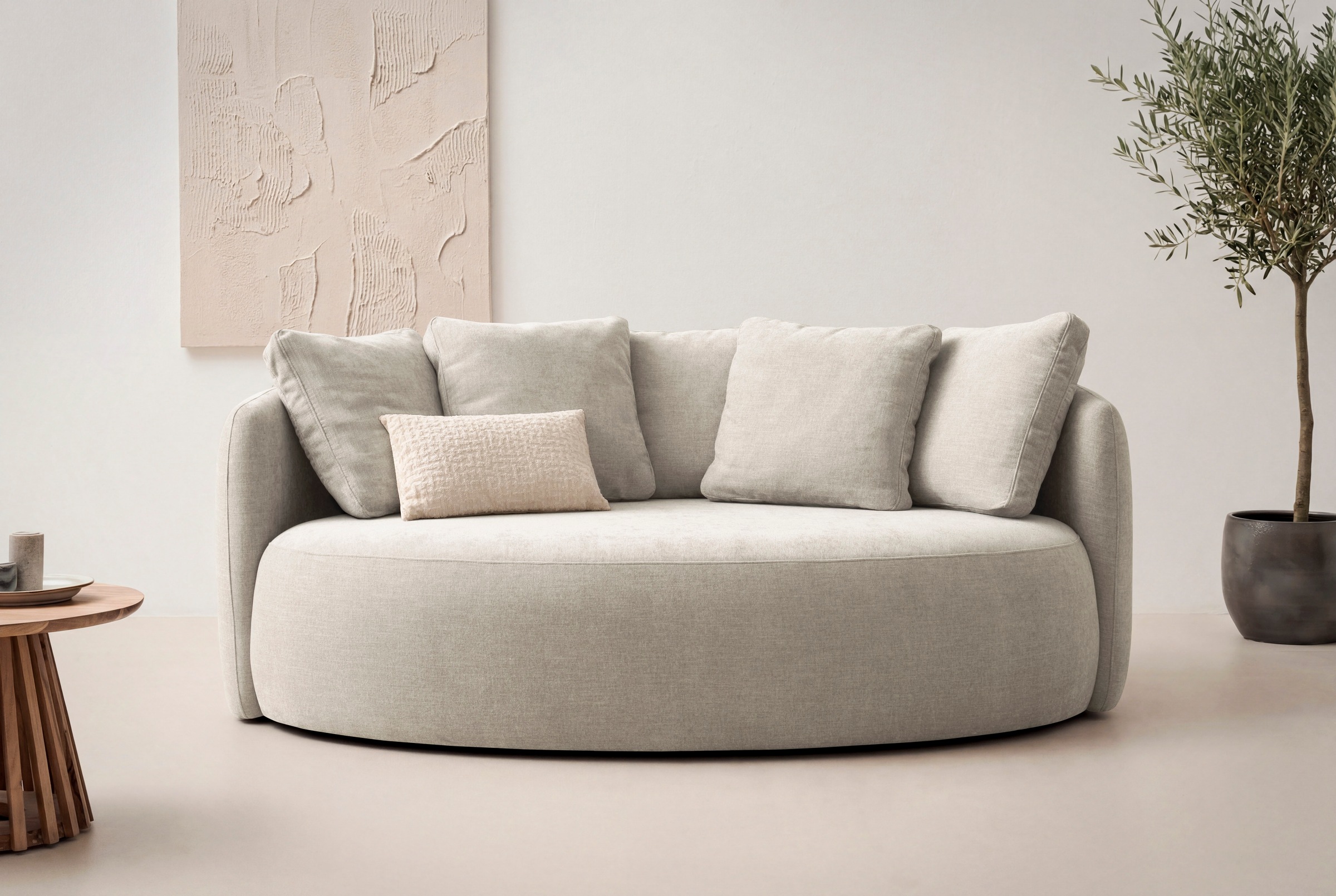 Image of GOODproduct 2,5-Sitzer "Kaarl, rundes Loungesofa, Sofa mit Kissen, perfekt gepolstert" Webstoff, in fünf Farben, zeitloses Design, inkl. 5 Rückenkissen