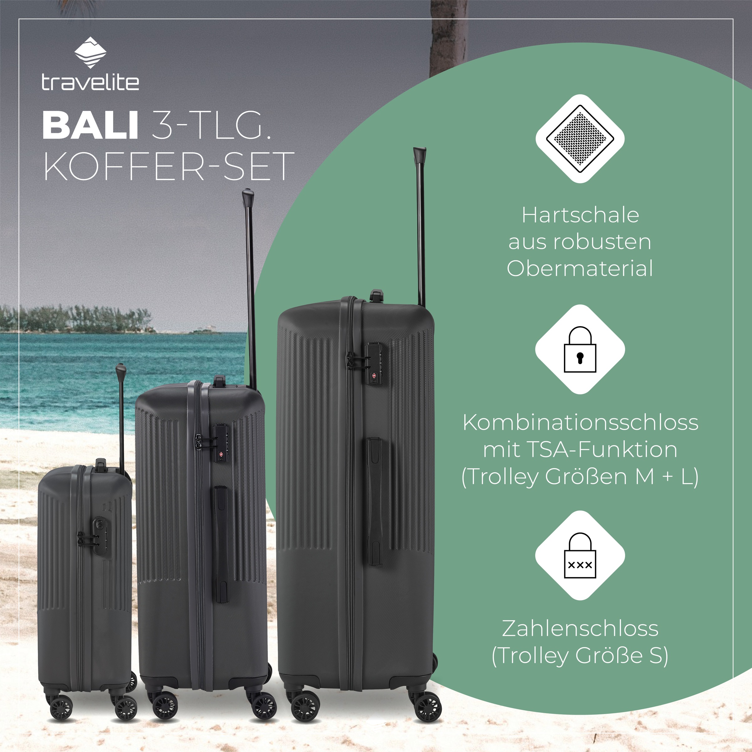 travelite Trolleyset »BALI 3-teilig Hartschale« TSA-Schloss – robustes Reisegepäck